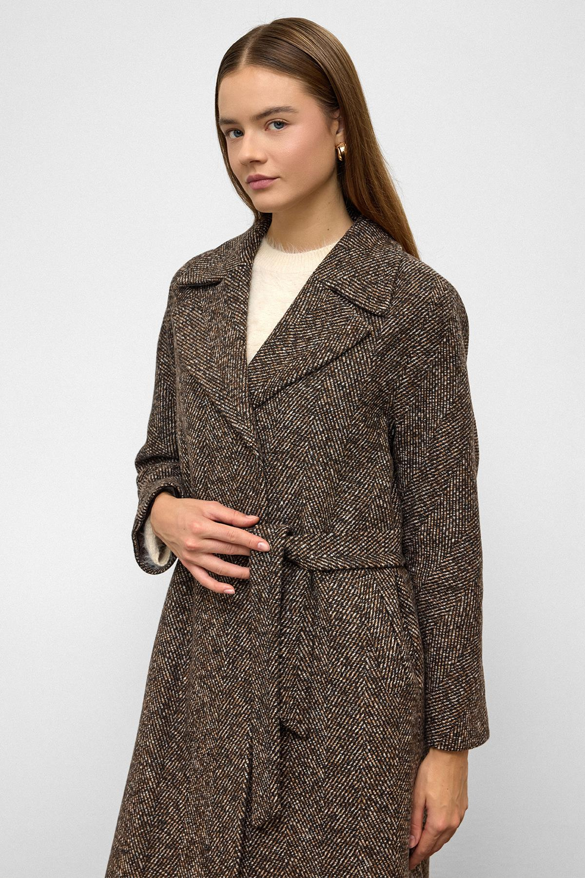 Oversize Çıt Çıt Kapamalı Balık Sırtı Desen Ara Boy Kaban KAHVE 3035