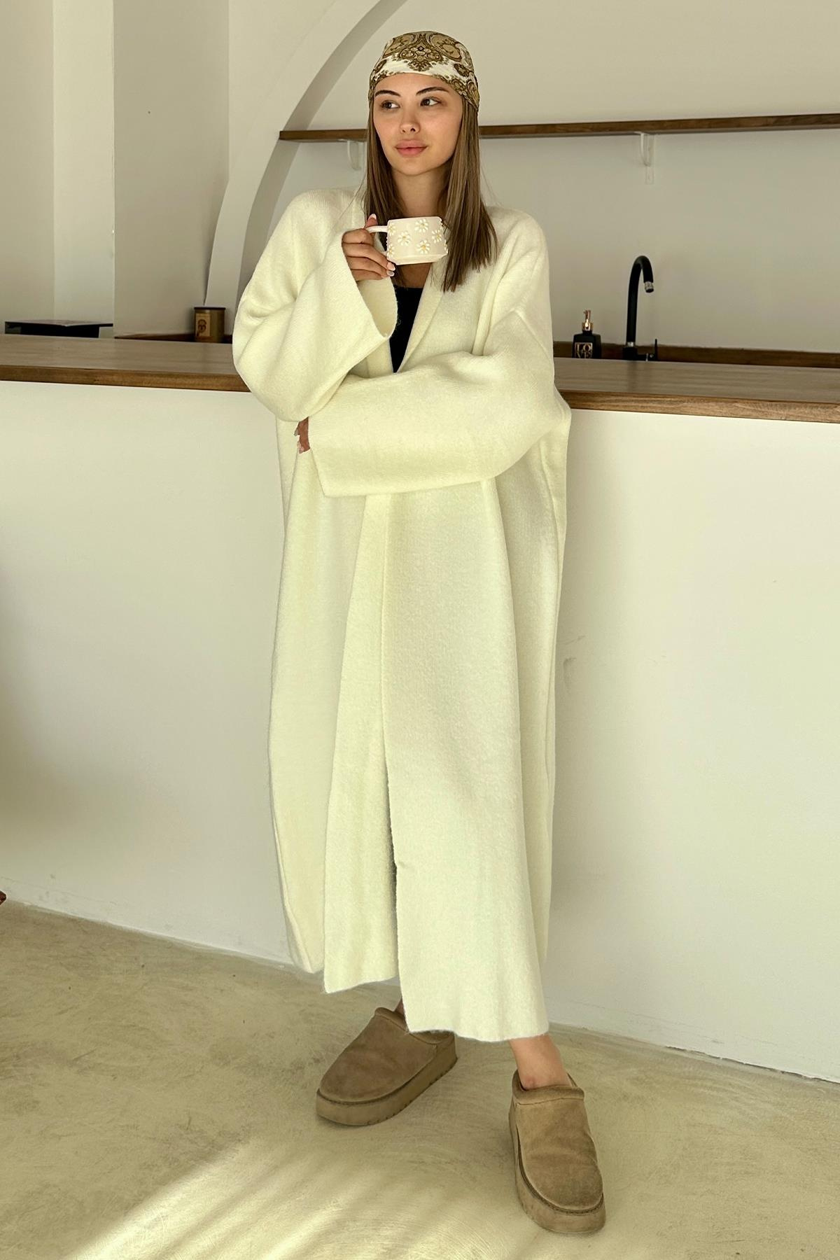 Oversize Kalın Triko Uzun Hırka EKRU 8274