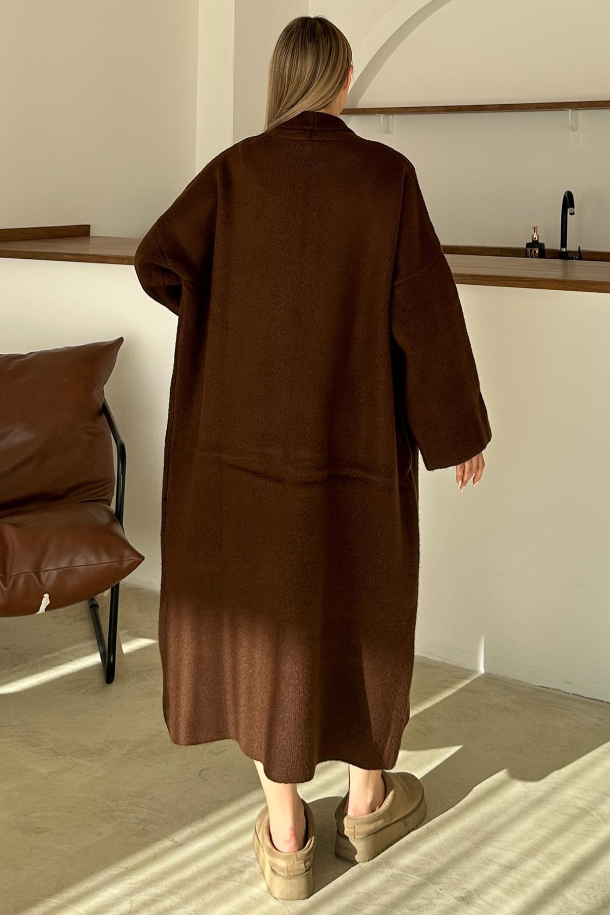 Oversize Kalın Triko Uzun Hırka KAHVE 8274