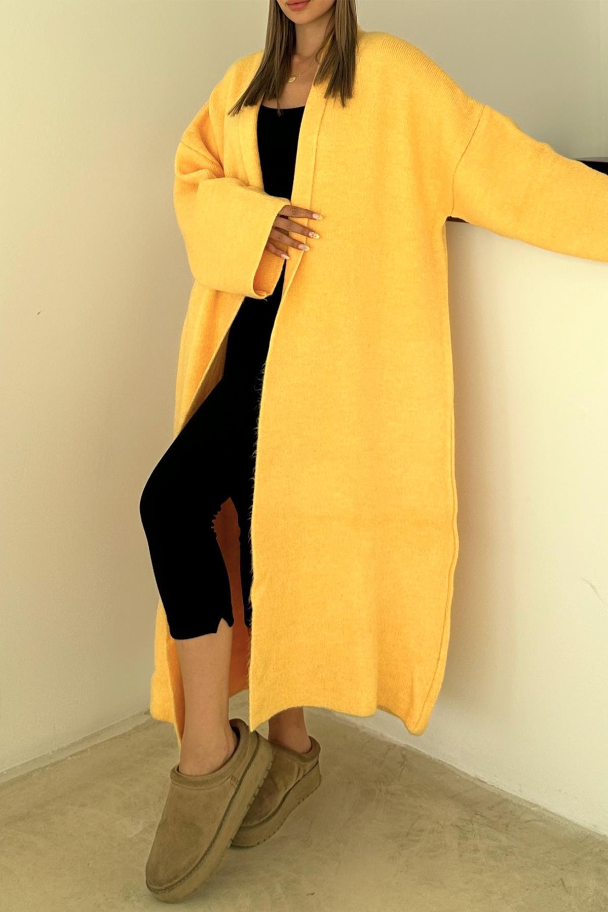 Oversize Kalın Triko Uzun Hırka SARI 8274