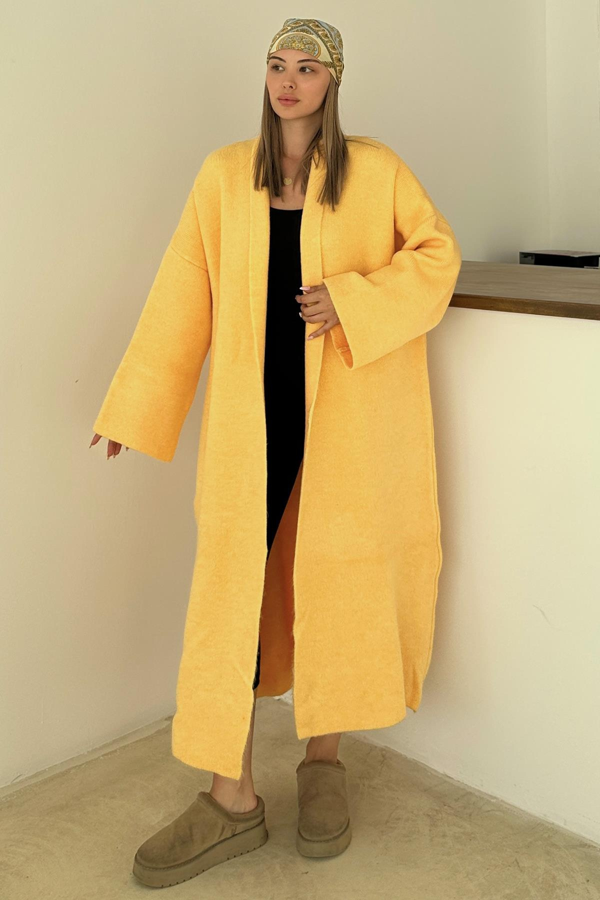Oversize Kalın Triko Uzun Hırka SARI 8274