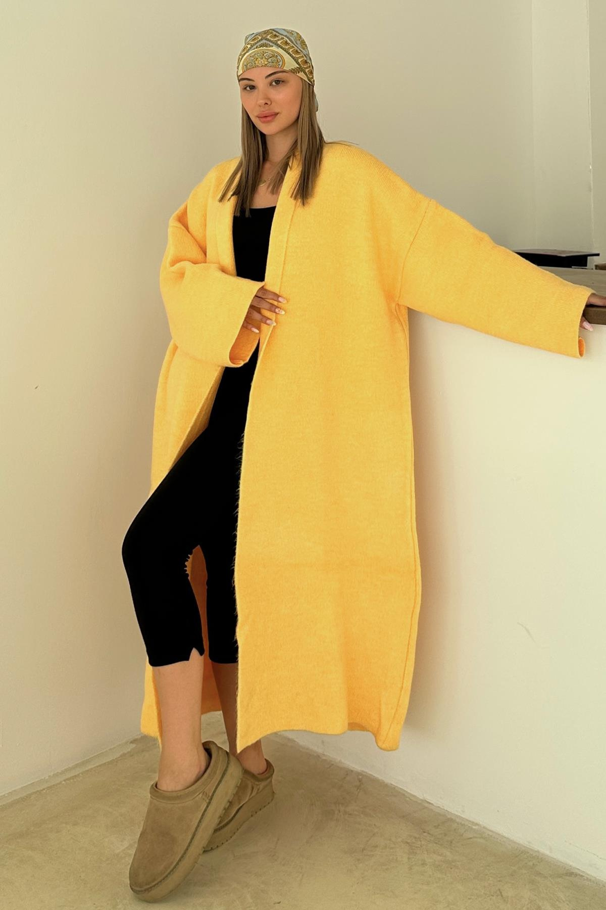 Oversize Kalın Triko Uzun Hırka SARI 8274