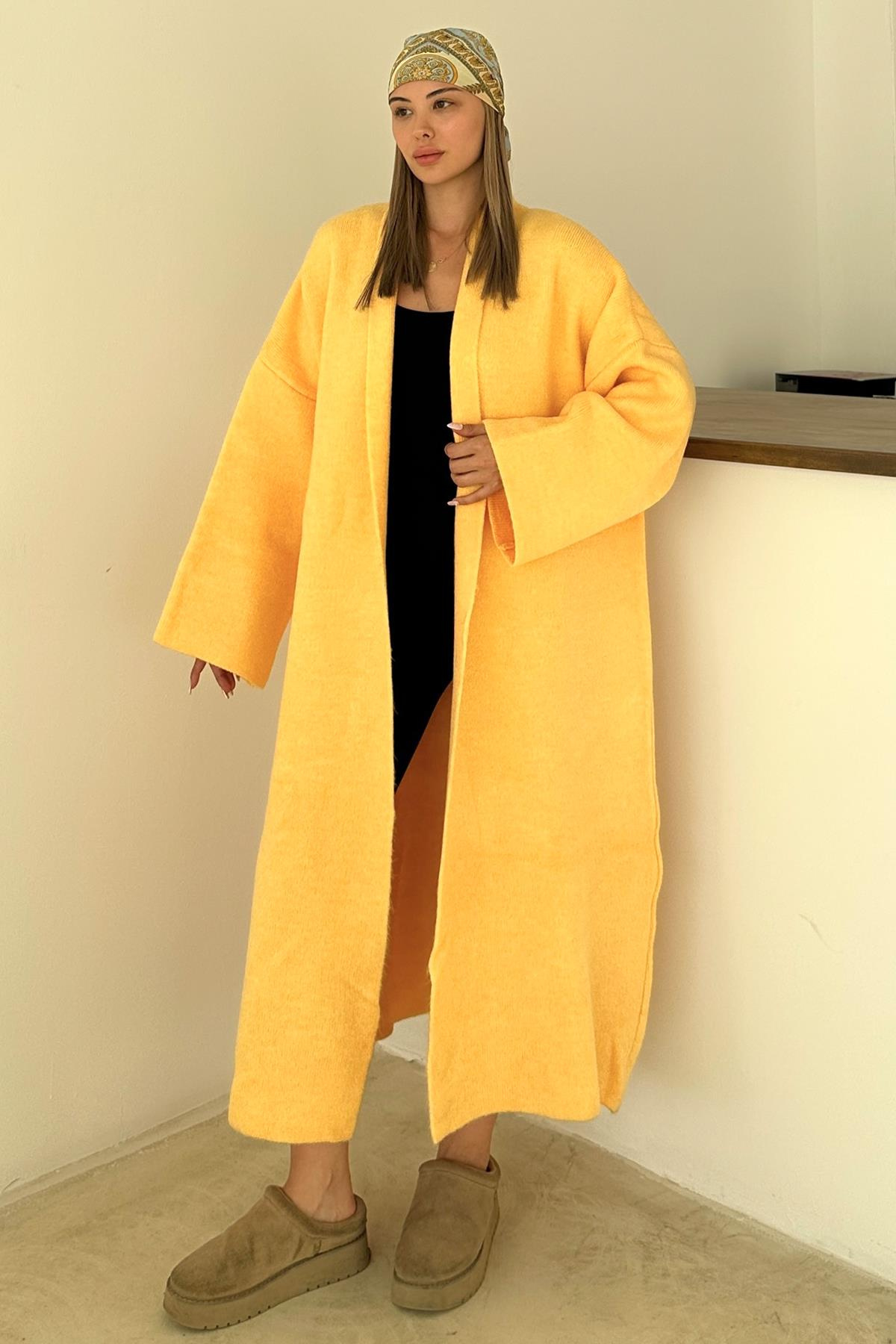 Oversize Kalın Triko Uzun Hırka SARI 8274