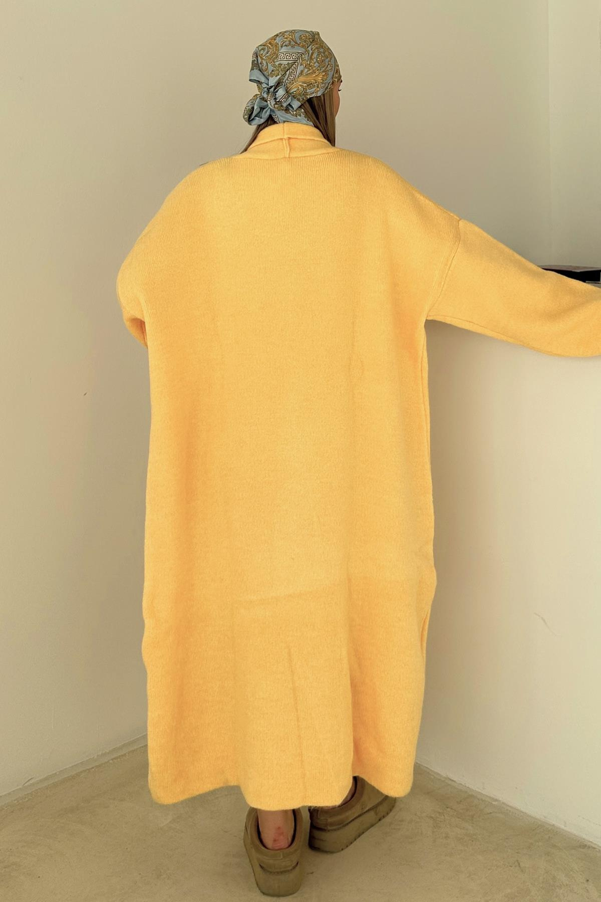 Oversize Kalın Triko Uzun Hırka SARI 8274