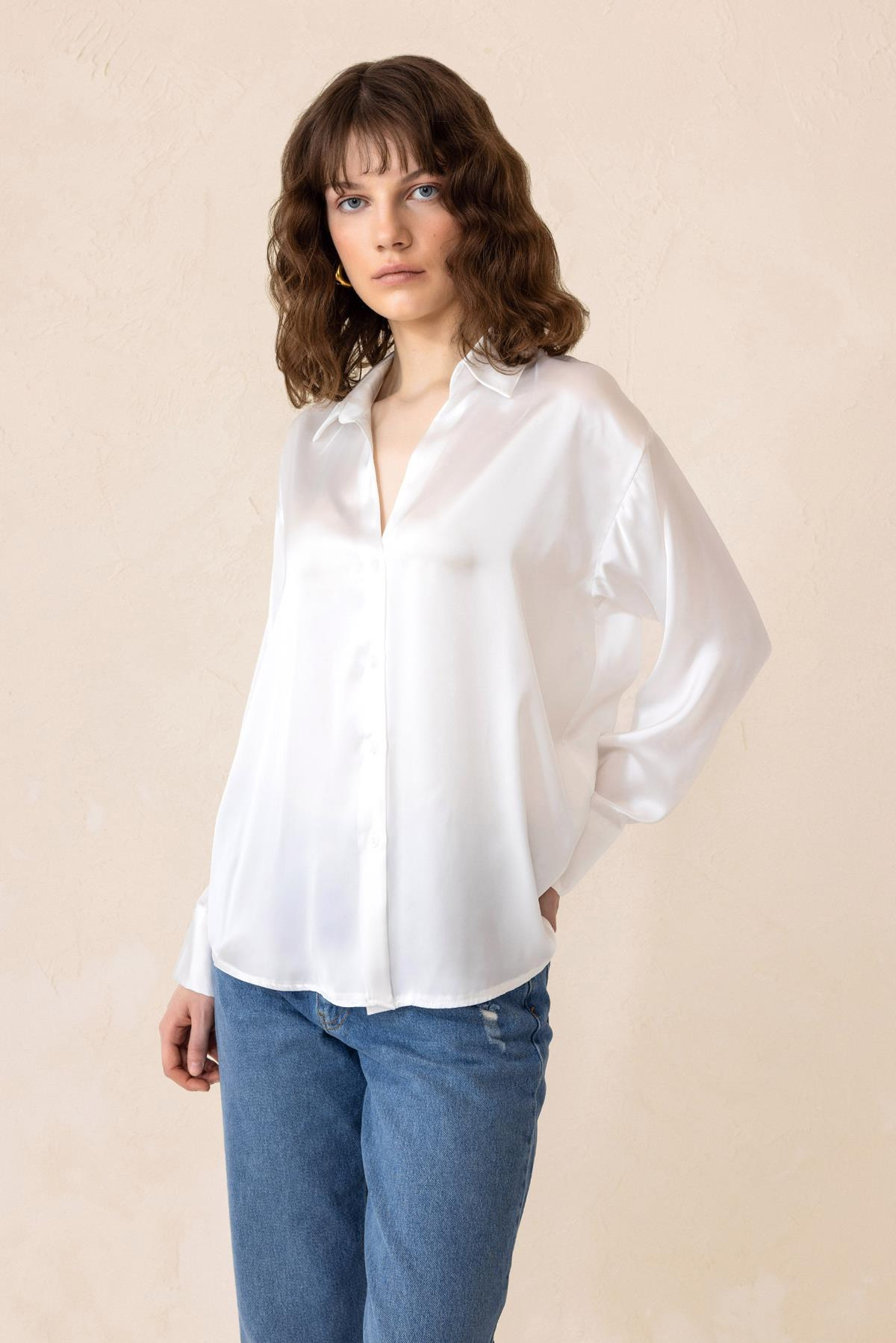 Oversize Saten Gömlek BEYAZ 9308