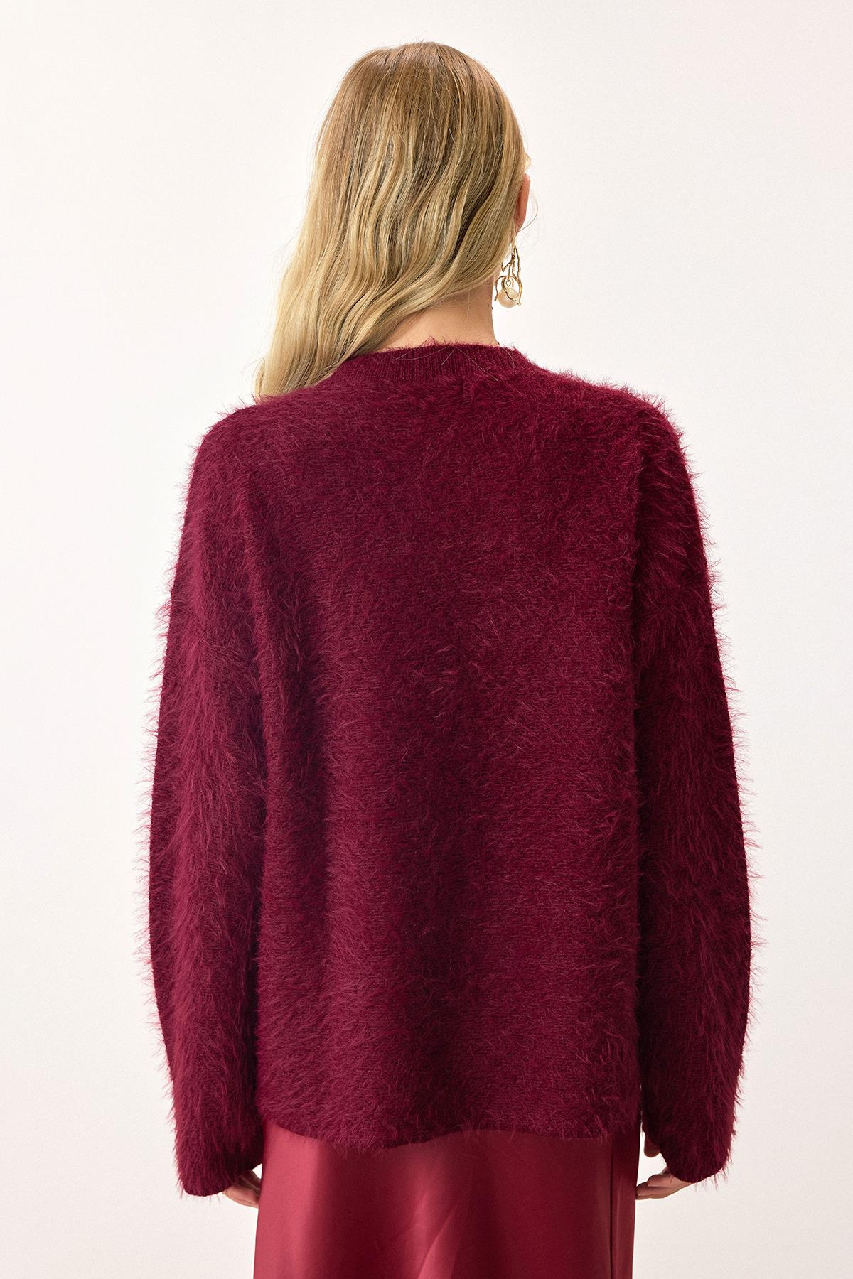 Oversize Tüylü Soft Kazak BORDO 8270