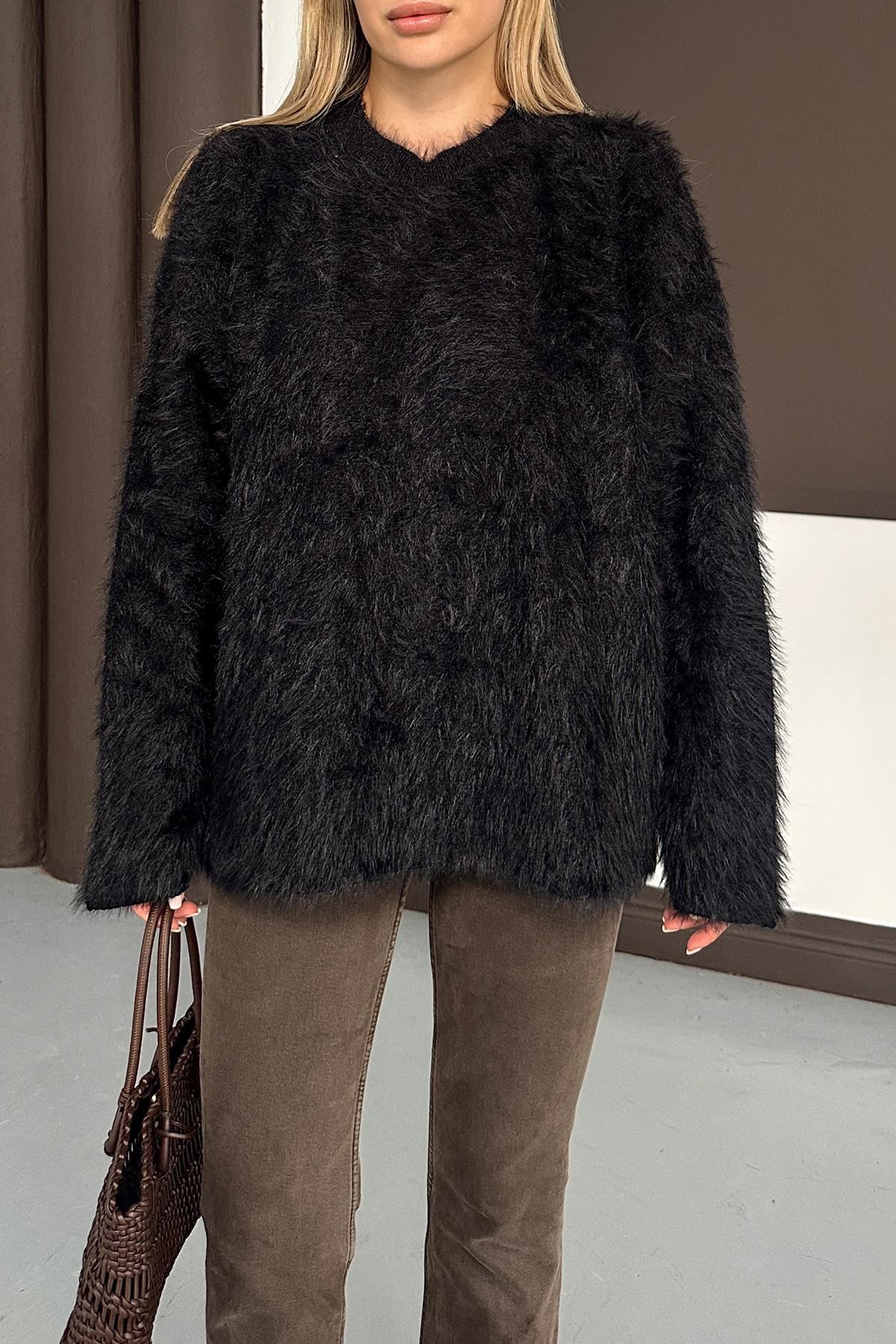 Oversize Tüylü Soft Kazak SİYAH 8270