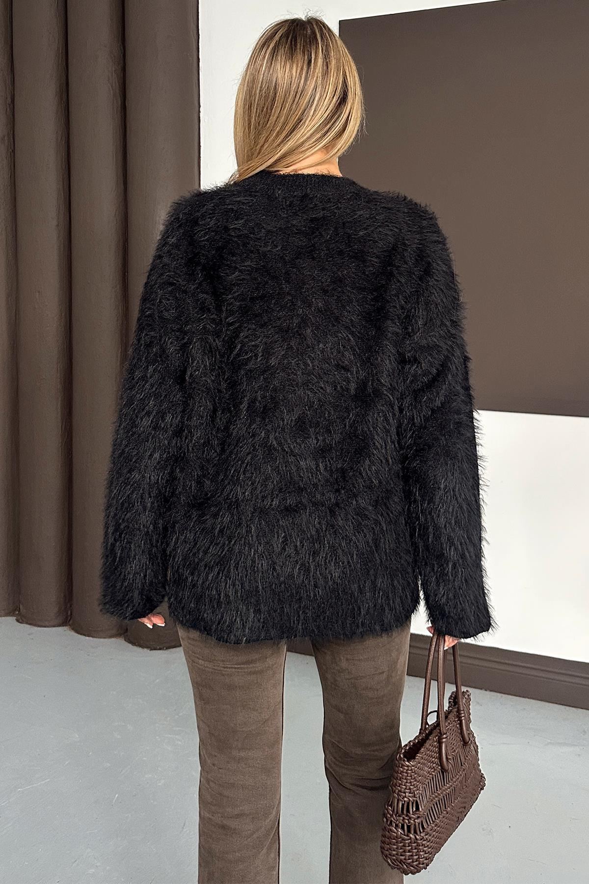Oversize Tüylü Soft Kazak SİYAH 8270