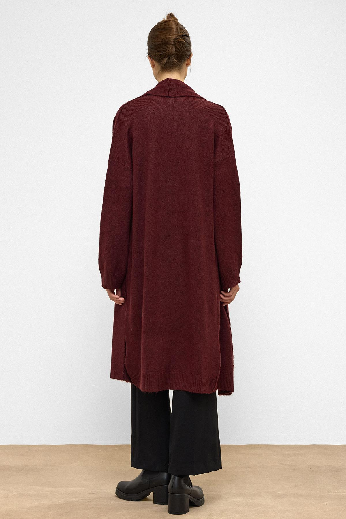 Oversize Uzun Triko Hırka BORDO 8271