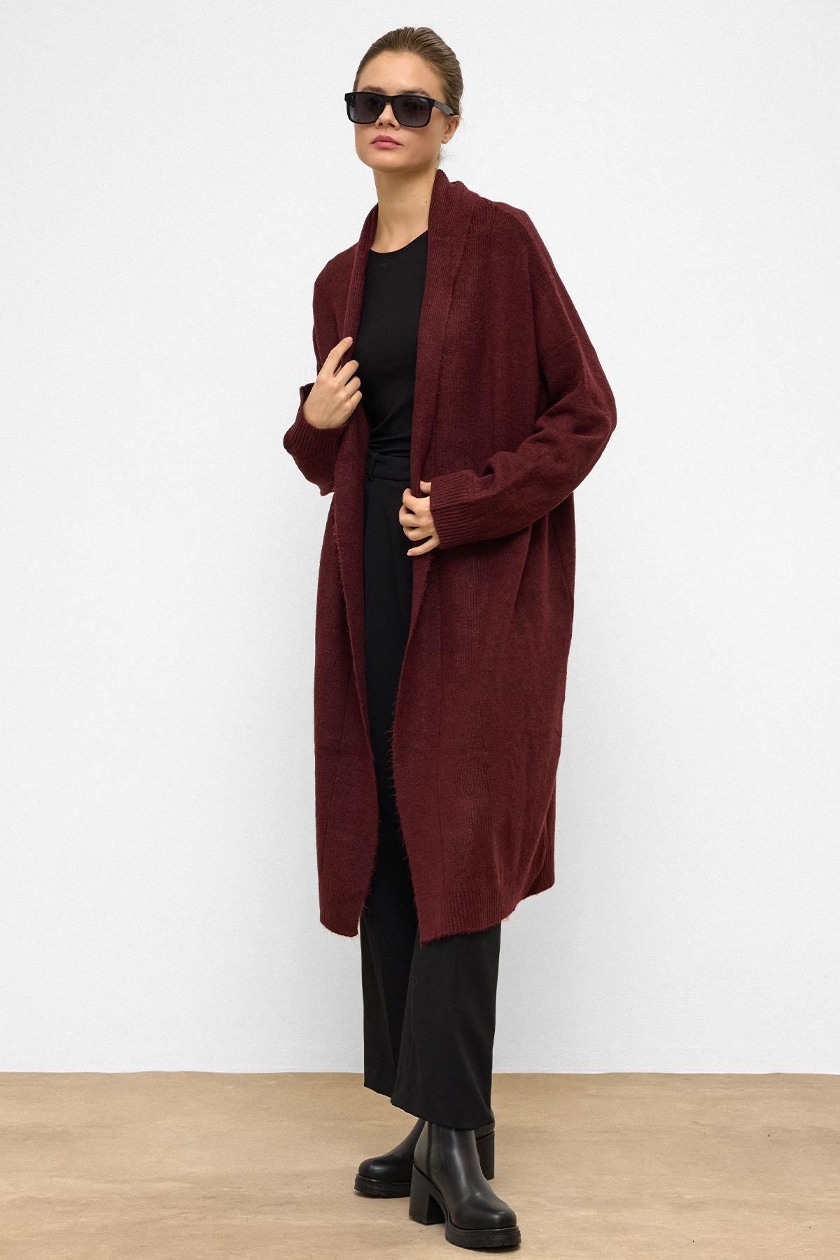 Oversize Uzun Triko Hırka BORDO 8271
