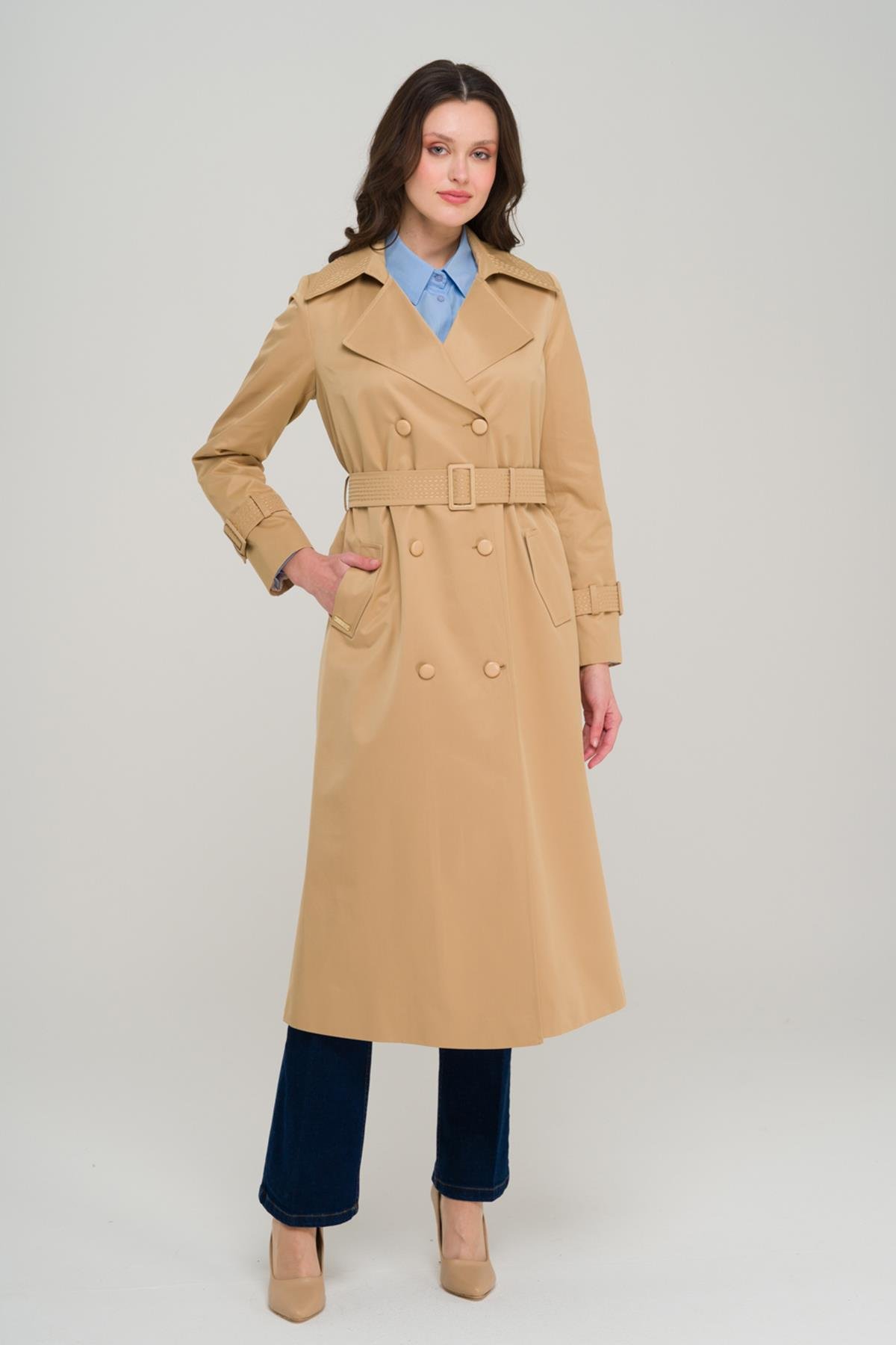 Double-breasted Water-Repellent Trench Coat with Special Stitching Details CAMEL 6703