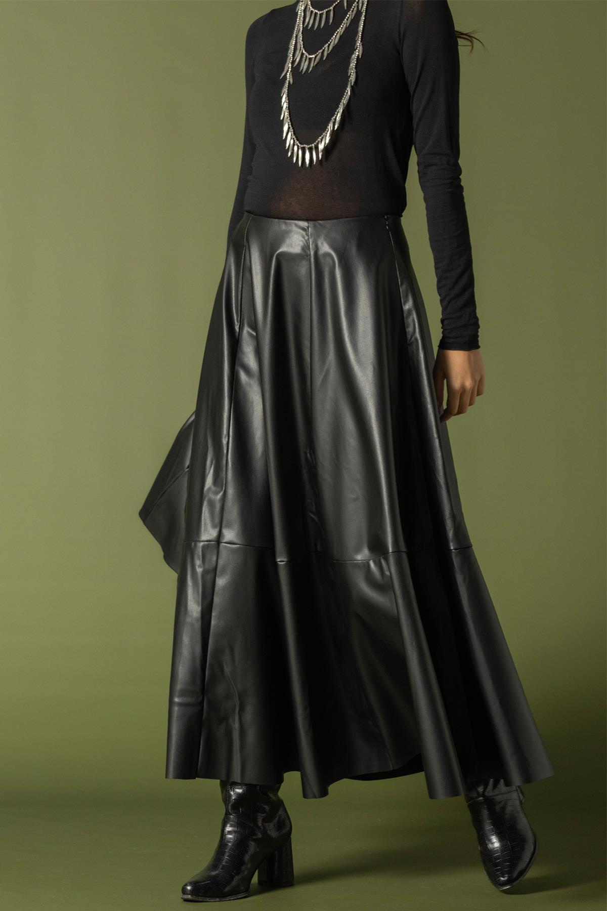 Parçalı Kloş Deri Etek SİYAH 7065