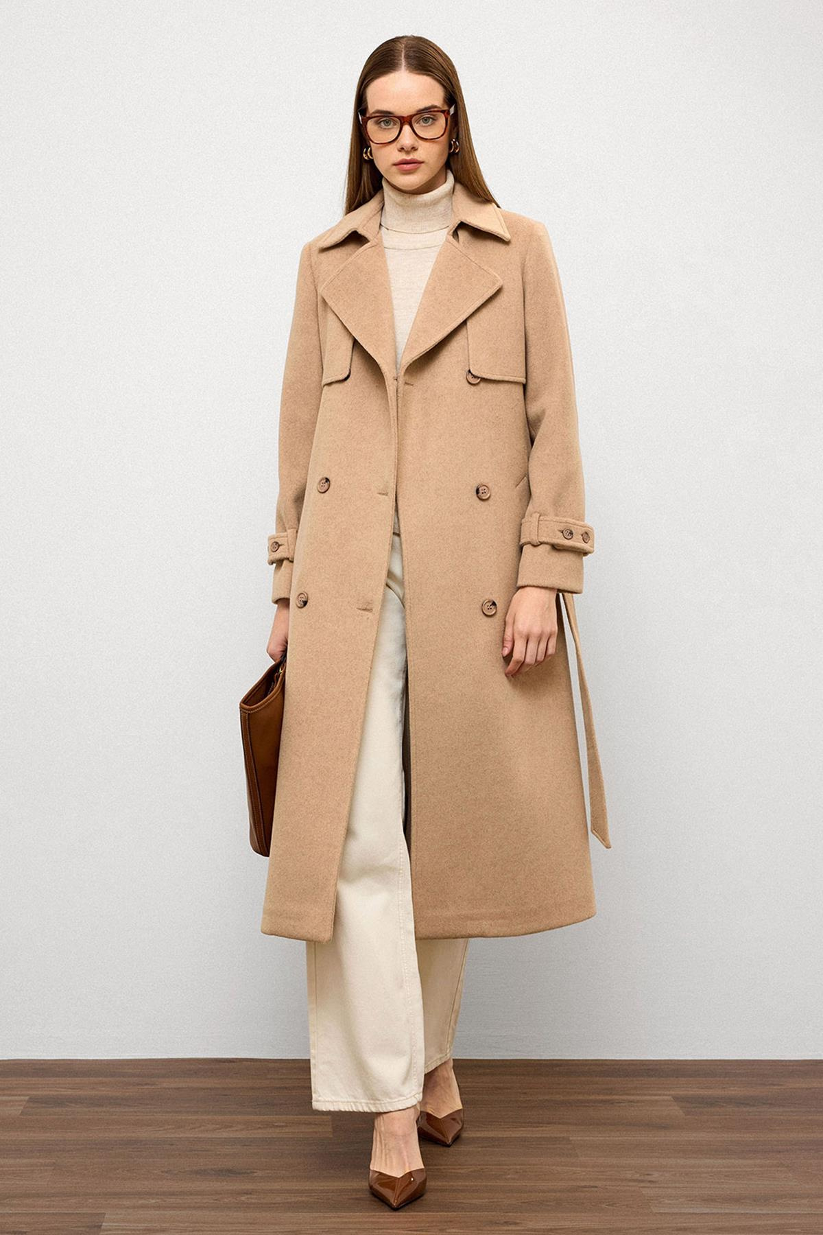 Double-Breasted Coat with Cape Detail BEIGE 3091