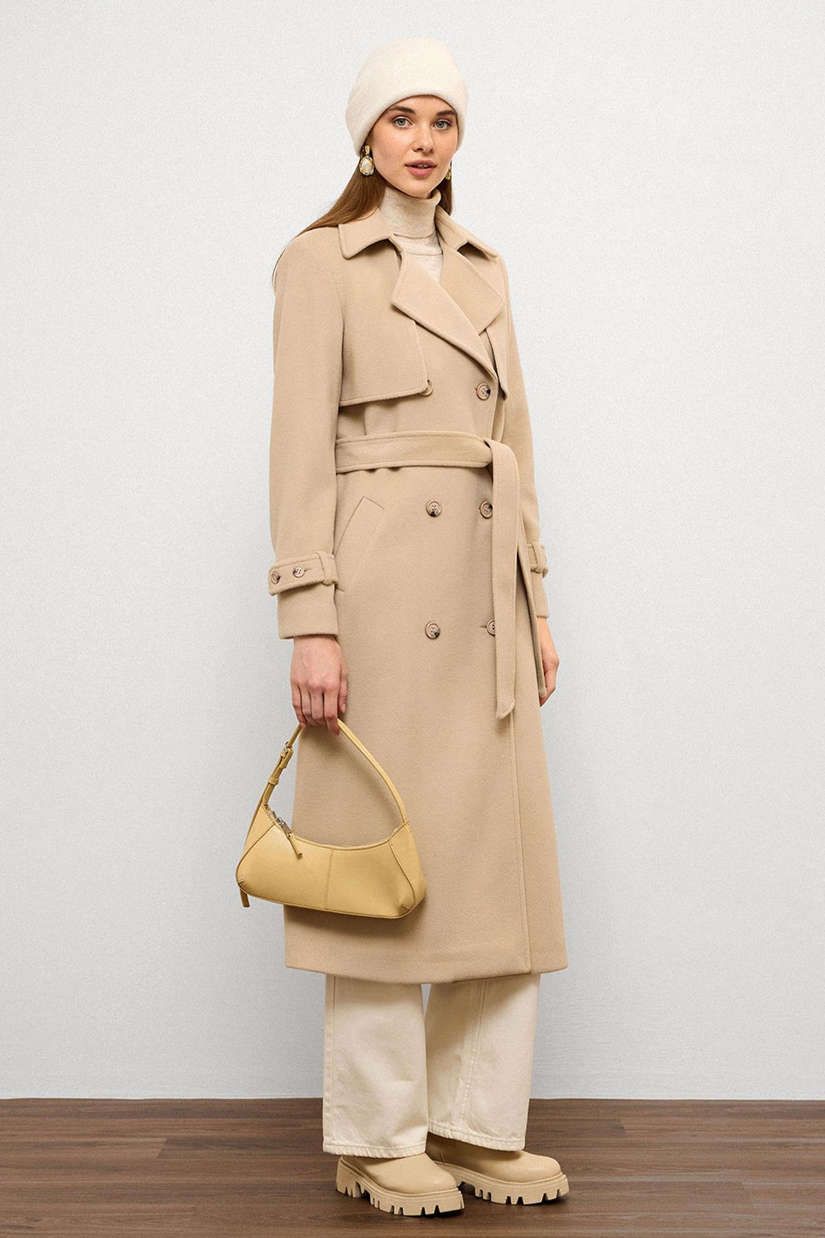 Pelerin Detaylı Kruvaze Kaban BEJ 3091