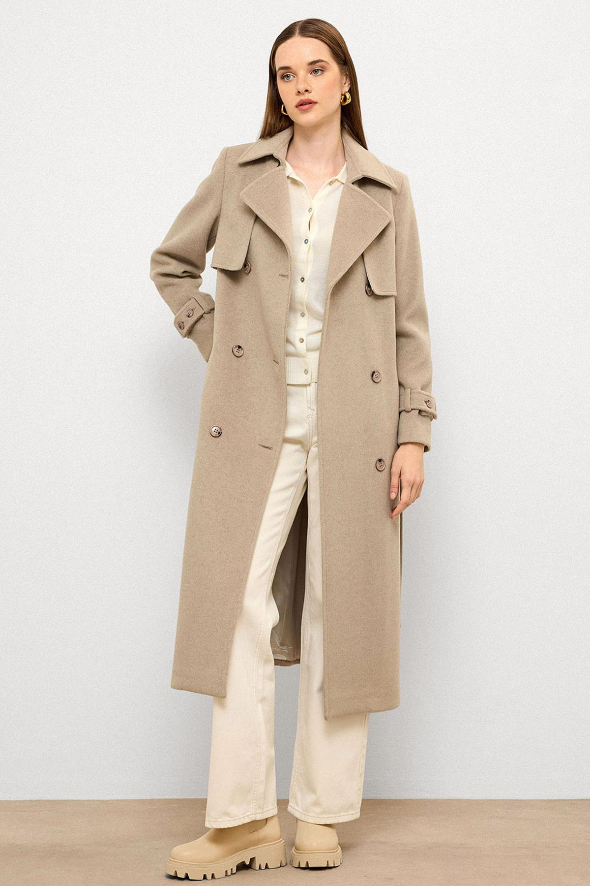 Pelerin Detaylı Kruvaze Kaban TAŞ MELANJ 3091