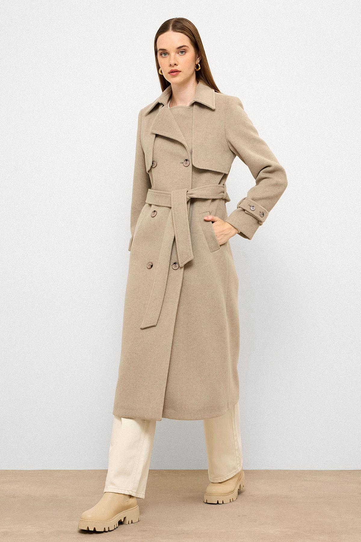 Pelerin Detaylı Kruvaze Kaban TAŞ MELANJ 3091