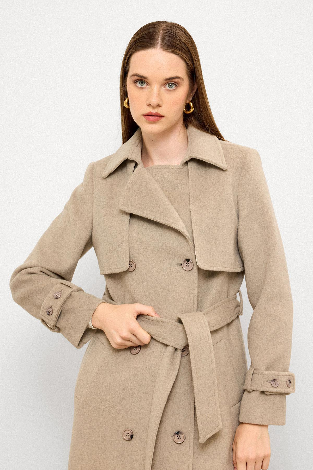 Pelerin Detaylı Kruvaze Kaban TAŞ MELANJ 3091