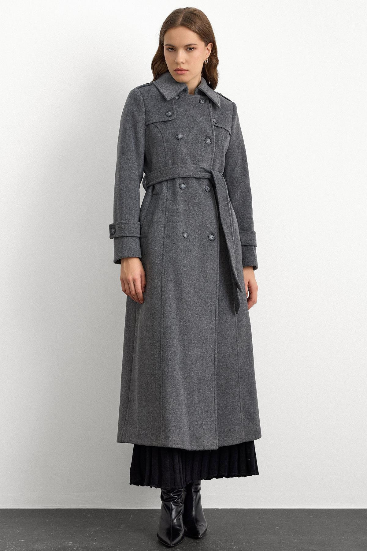 Double-Breasted Long Coat with Cape Detail DARK GREY 3087