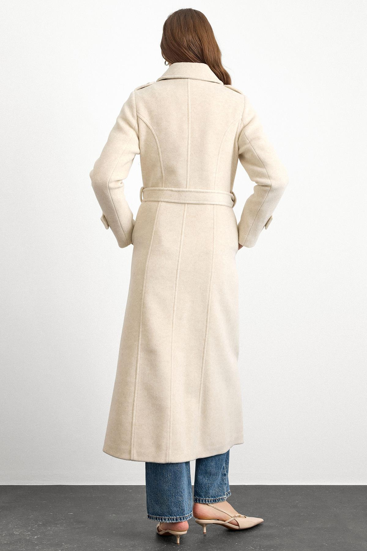 Double-Breasted Long Coat with Cape Detail BEJ MELANJ 3087