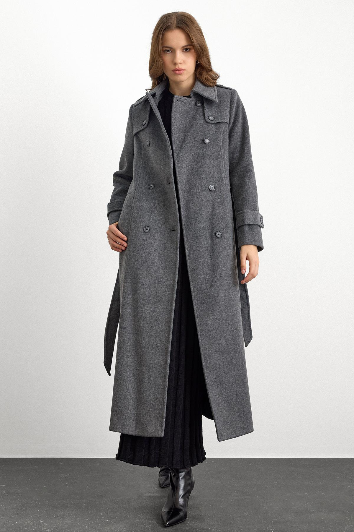 Double-Breasted Long Coat with Cape Detail DARK GREY 3087