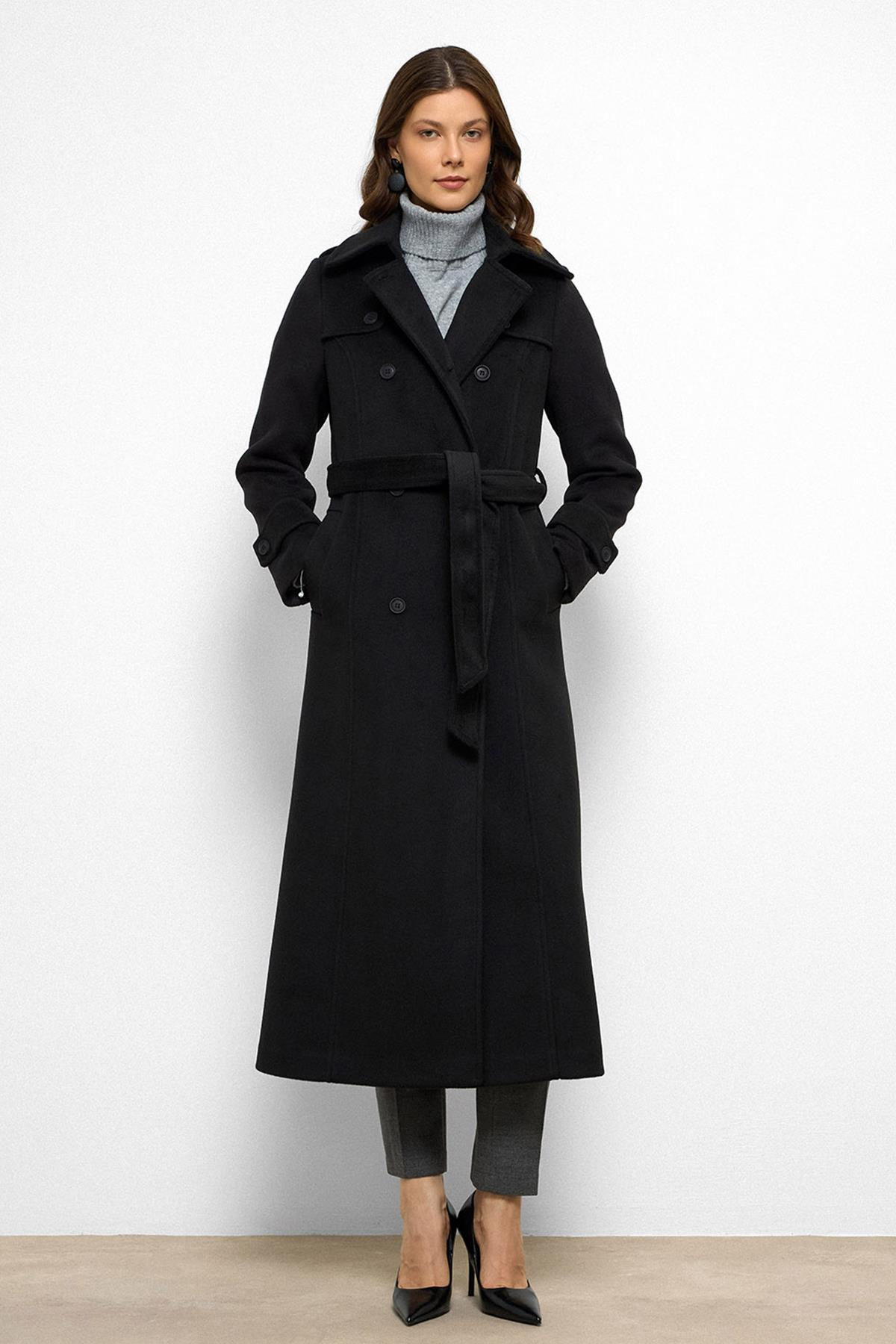 Pelerin Detaylı Kruvaze Uzun Boy Kaban SİYAH 3087