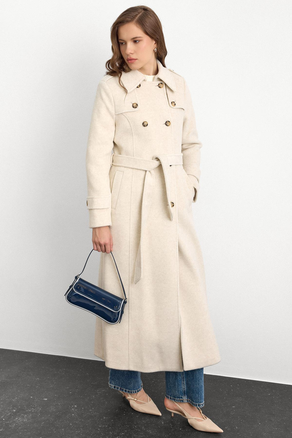 Double-Breasted Long Coat with Cape Detail BEJ MELANJ 3087