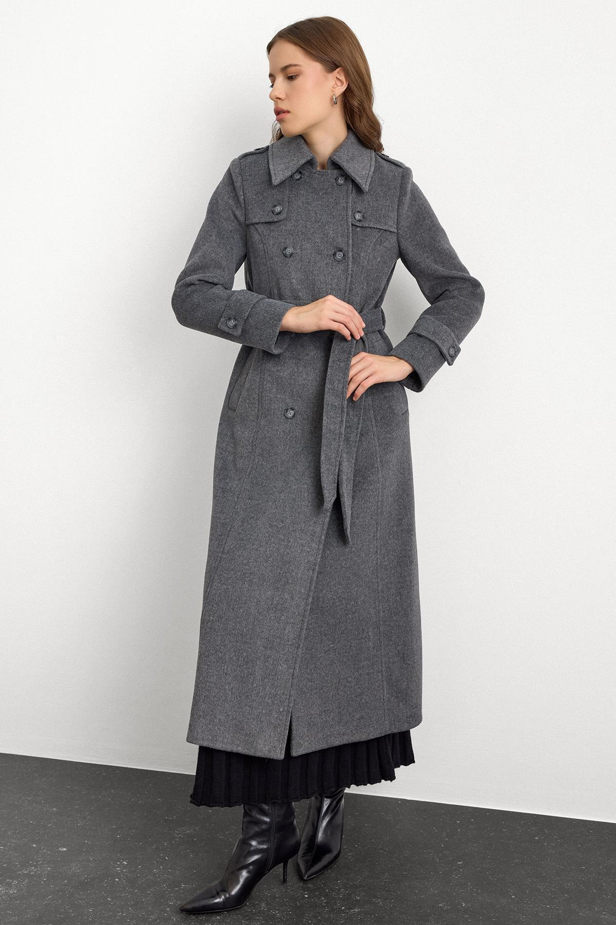 Double-Breasted Long Coat with Cape Detail DARK GREY 3087