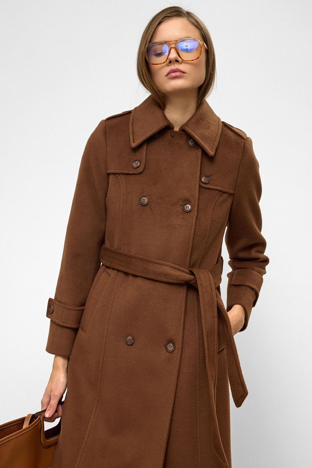 Double-Breasted Long Coat with Cape Detail TOBACCO 3087