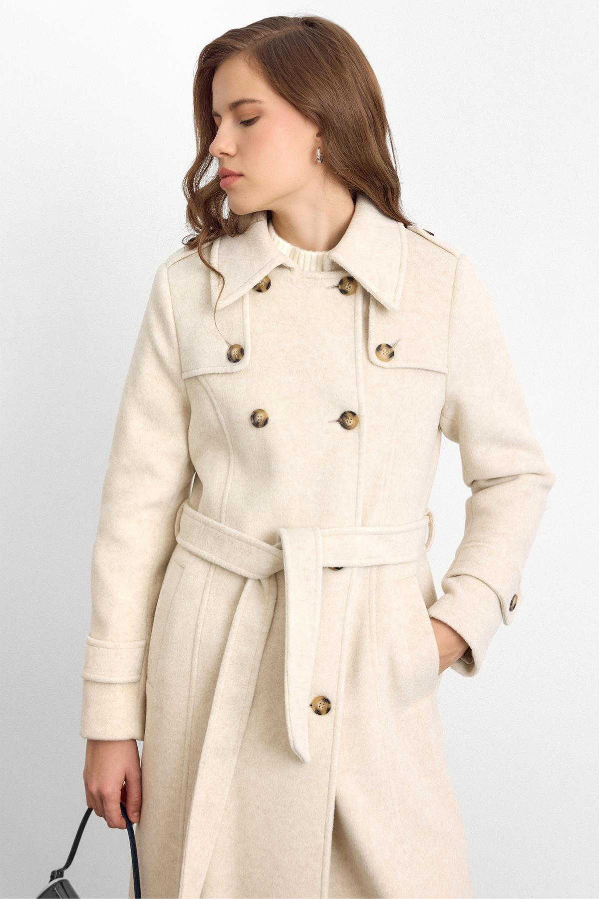 Double-Breasted Long Coat with Cape Detail BEJ MELANJ 3087