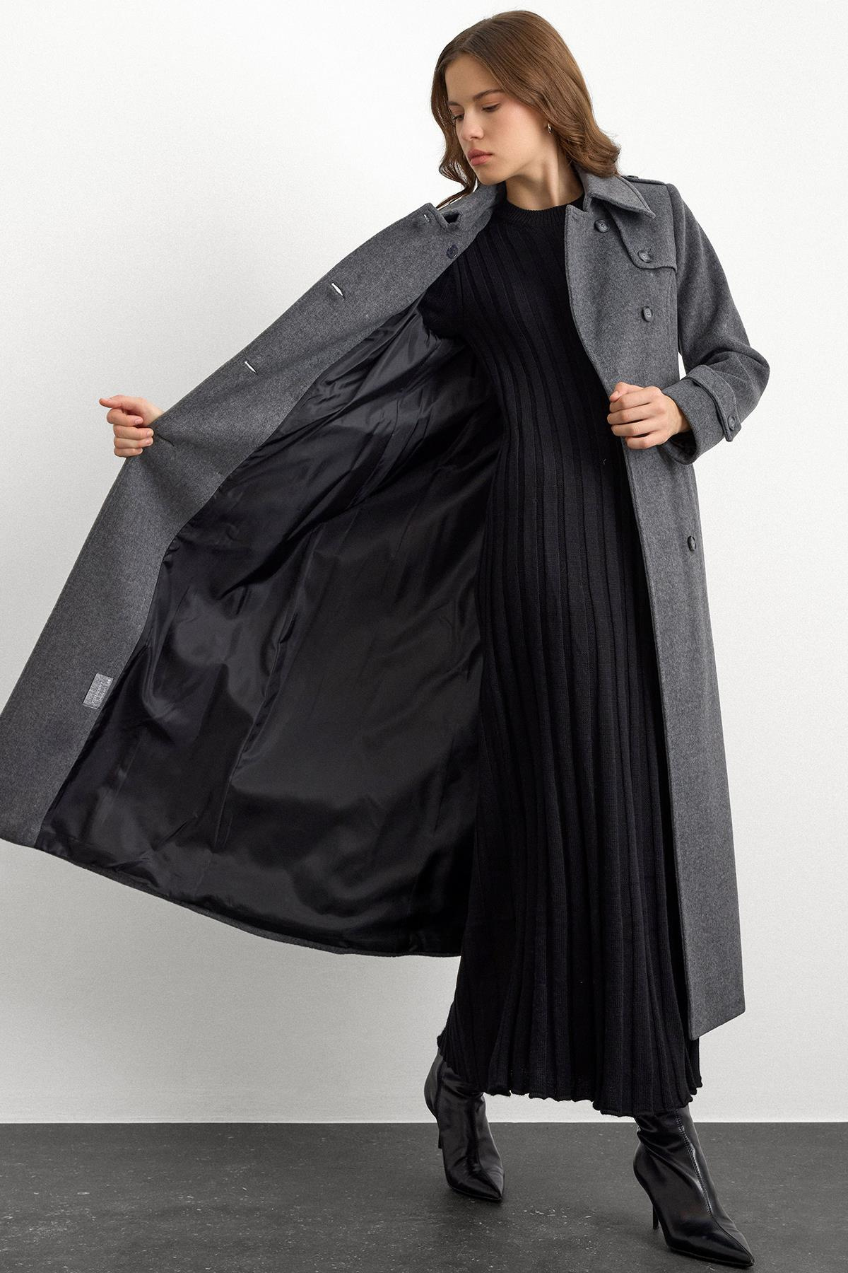 Double-Breasted Long Coat with Cape Detail DARK GREY 3087