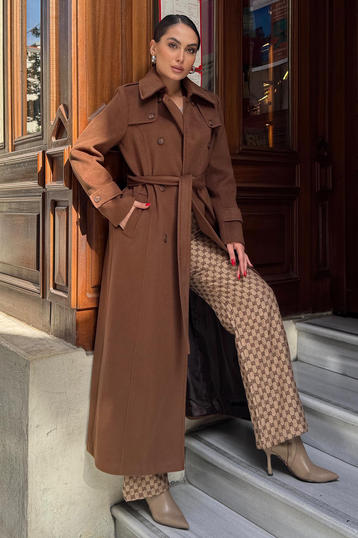 Double-Breasted Long Coat with Cape Detail TOBACCO 3087