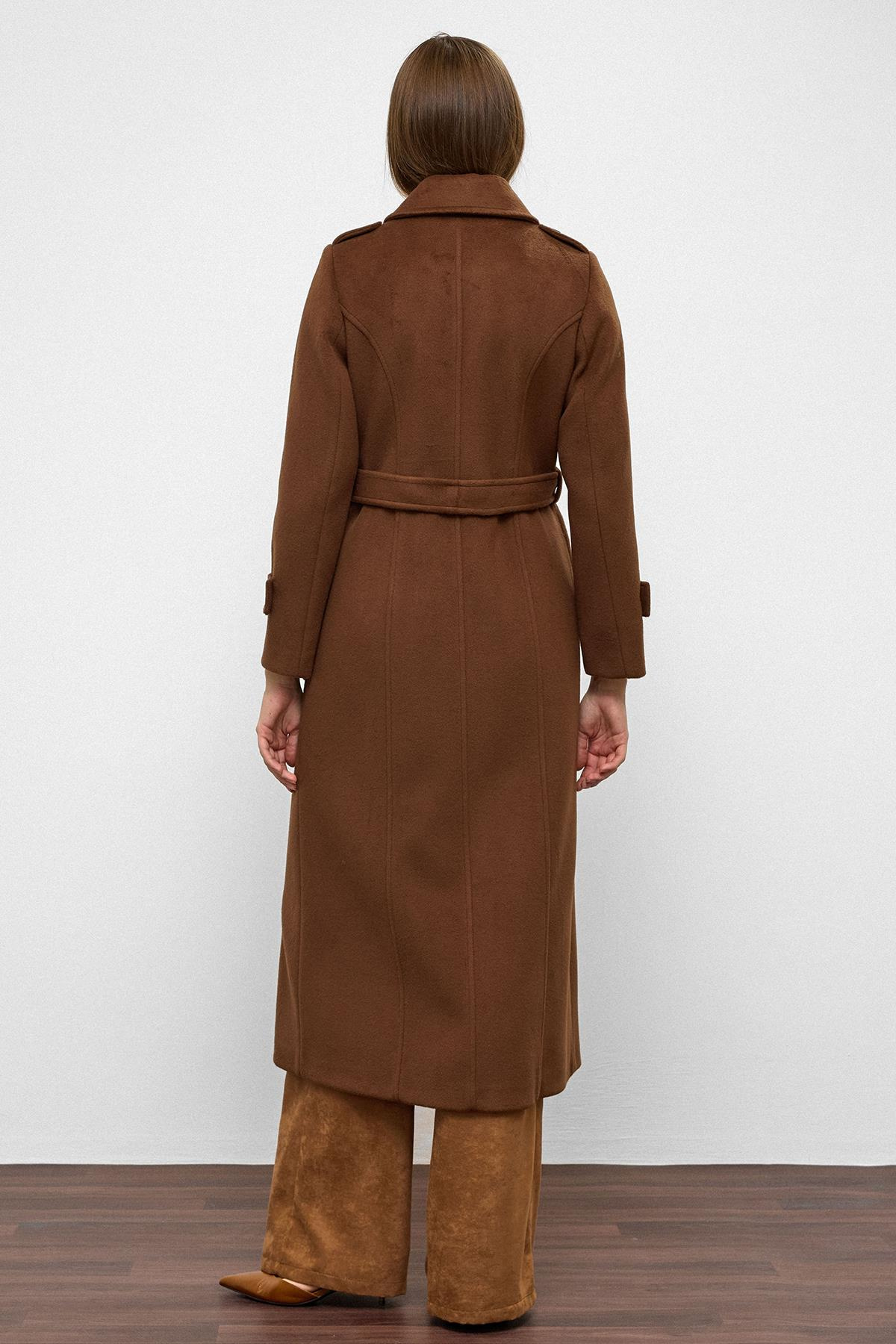 Double-Breasted Long Coat with Cape Detail TOBACCO 3087
