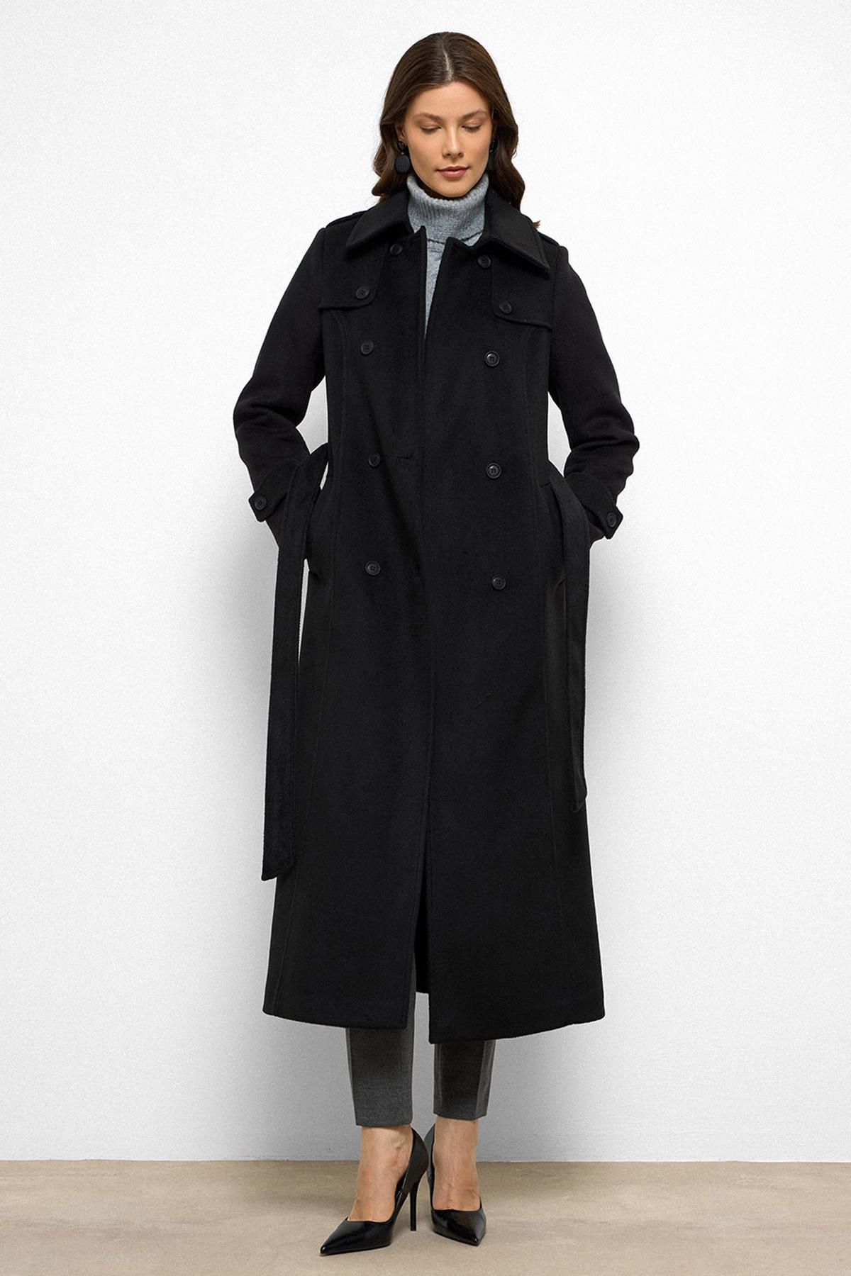 Pelerin Detaylı Kruvaze Uzun Boy Kaban SİYAH 3087