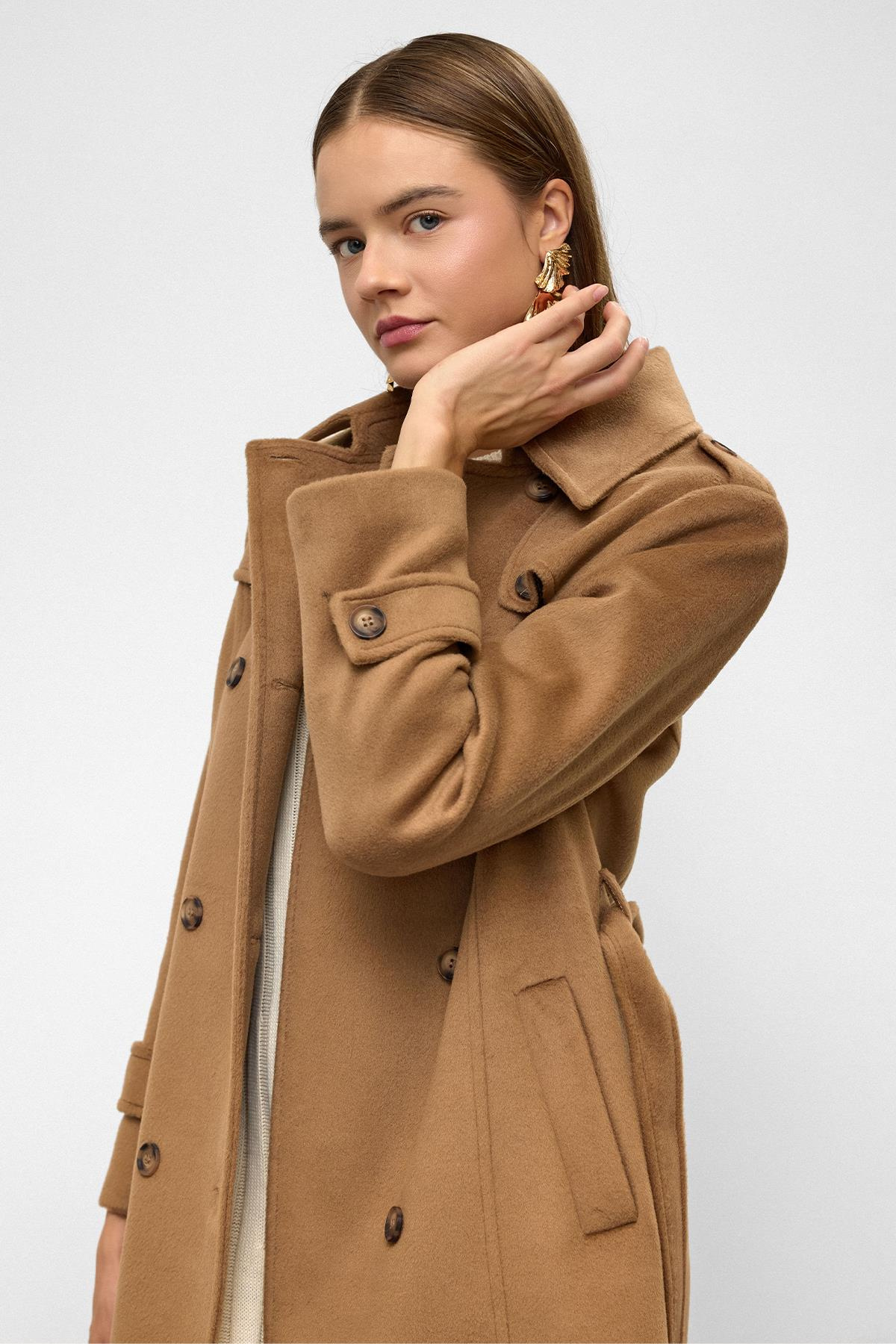 Double-Breasted Long Coat with Cape Detail K. KAMEL 3087