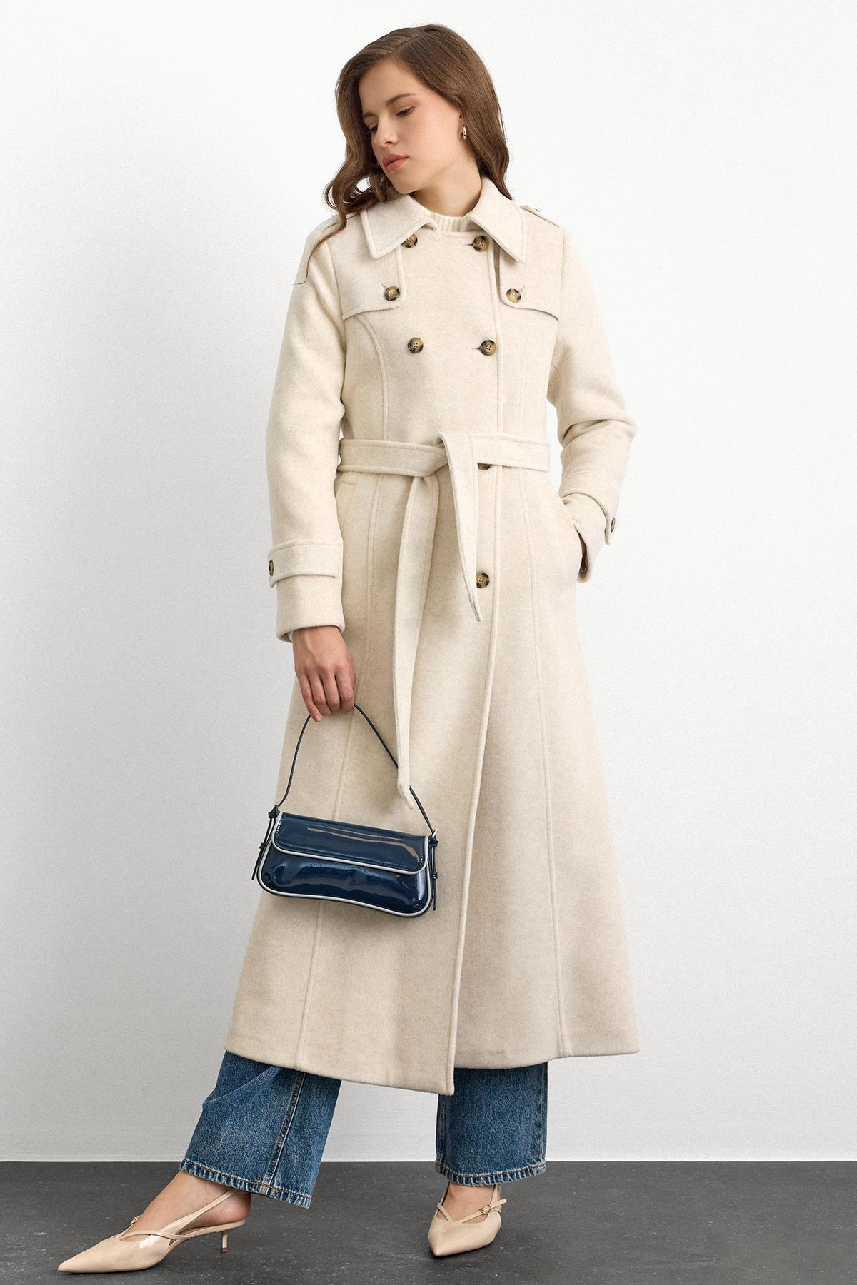 Double-Breasted Long Coat with Cape Detail BEJ MELANJ 3087