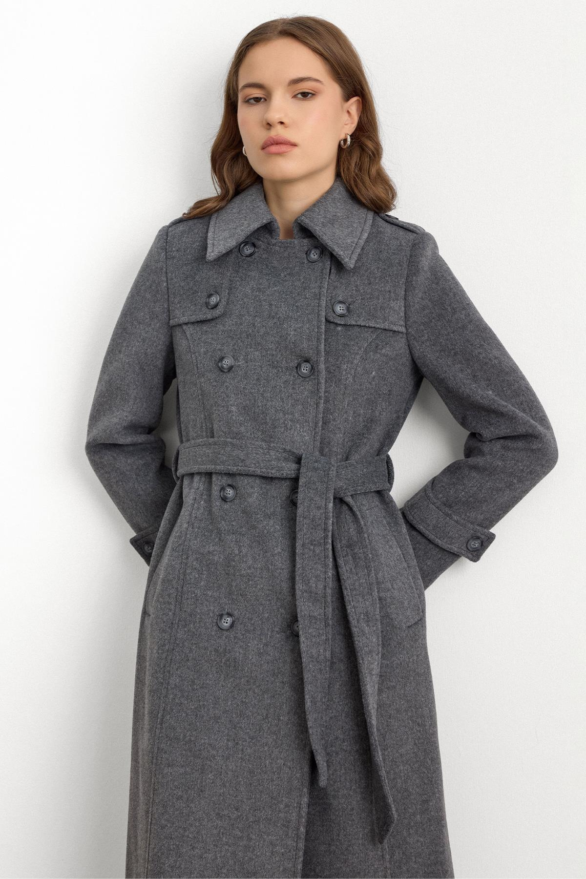 Double-Breasted Long Coat with Cape Detail DARK GREY 3087