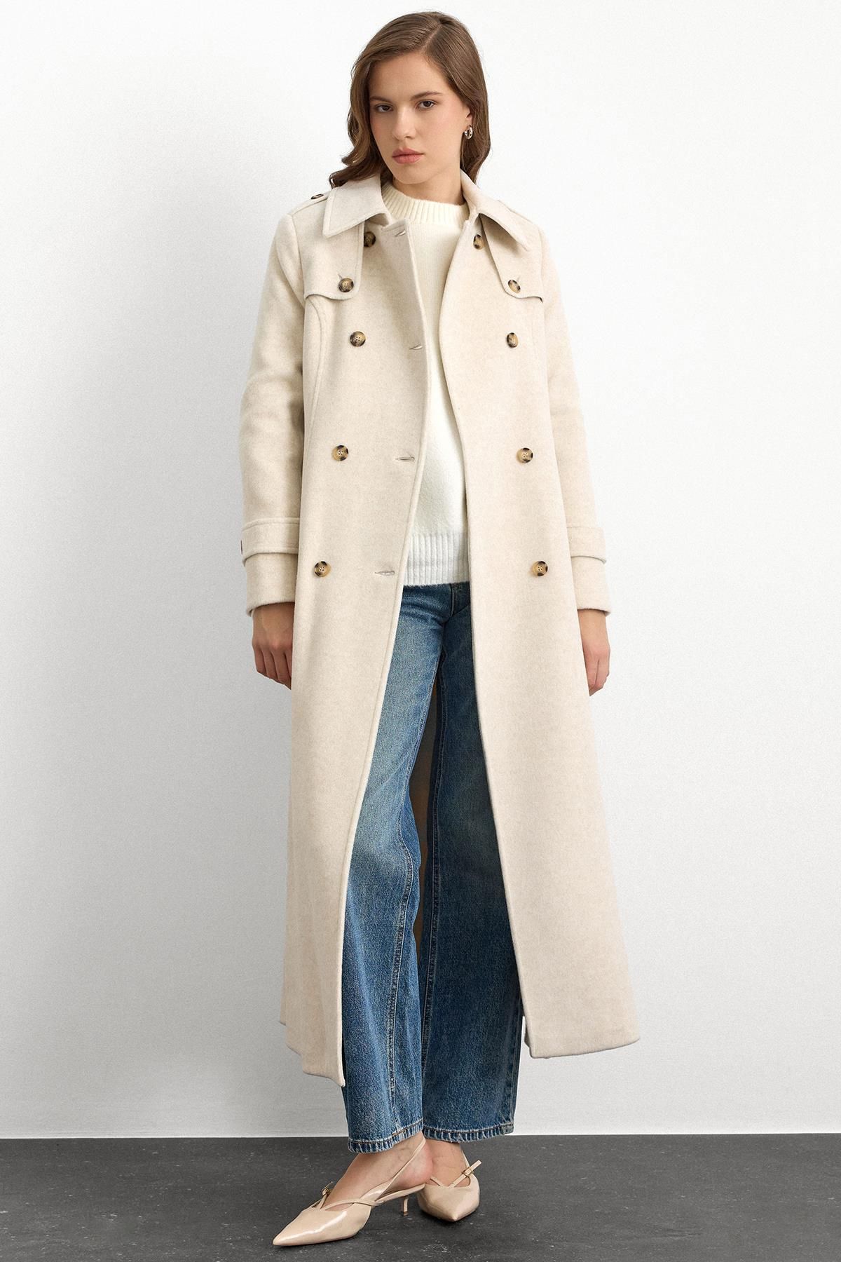 Double-Breasted Long Coat with Cape Detail BEJ MELANJ 3087