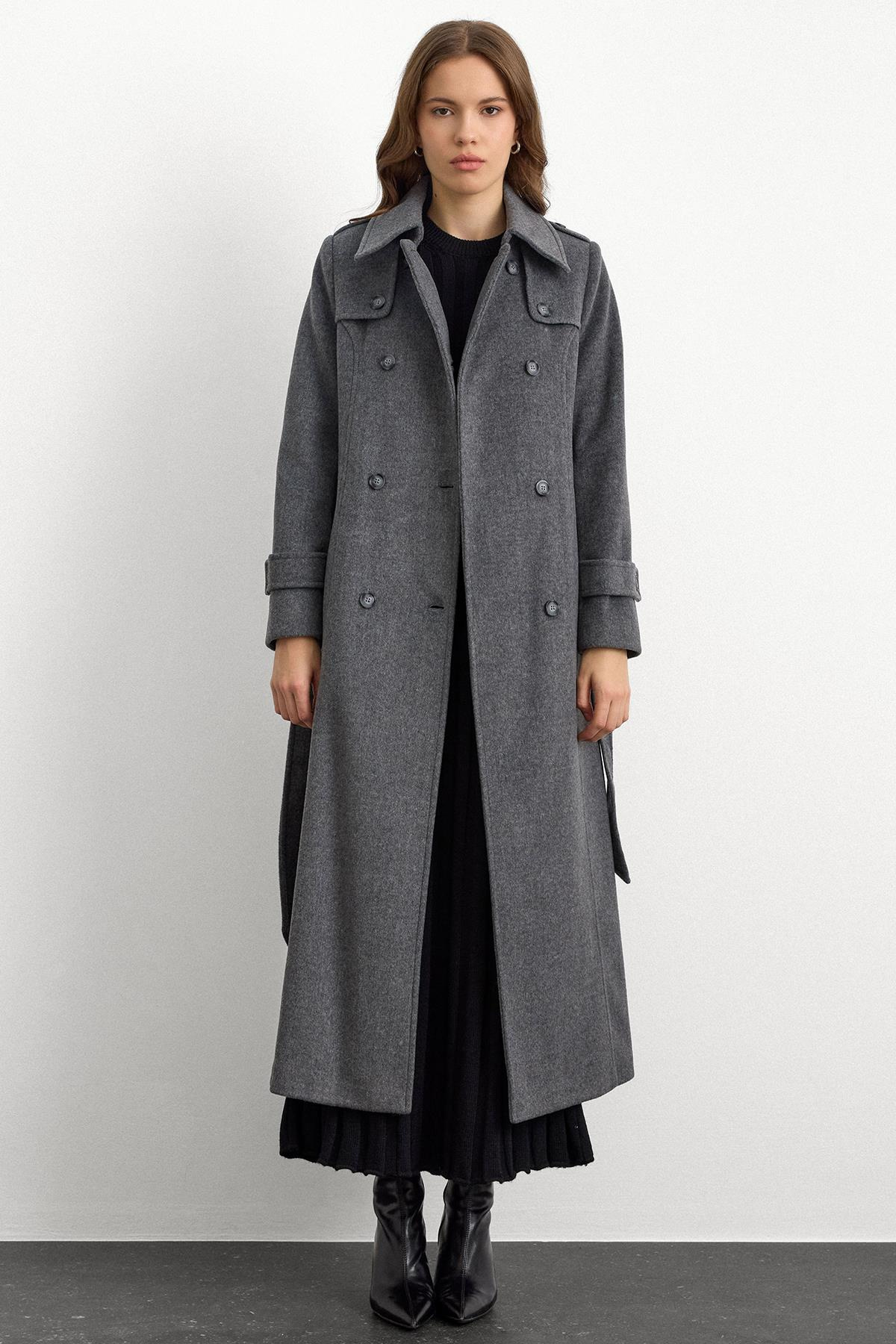 Double-Breasted Long Coat with Cape Detail DARK GREY 3087