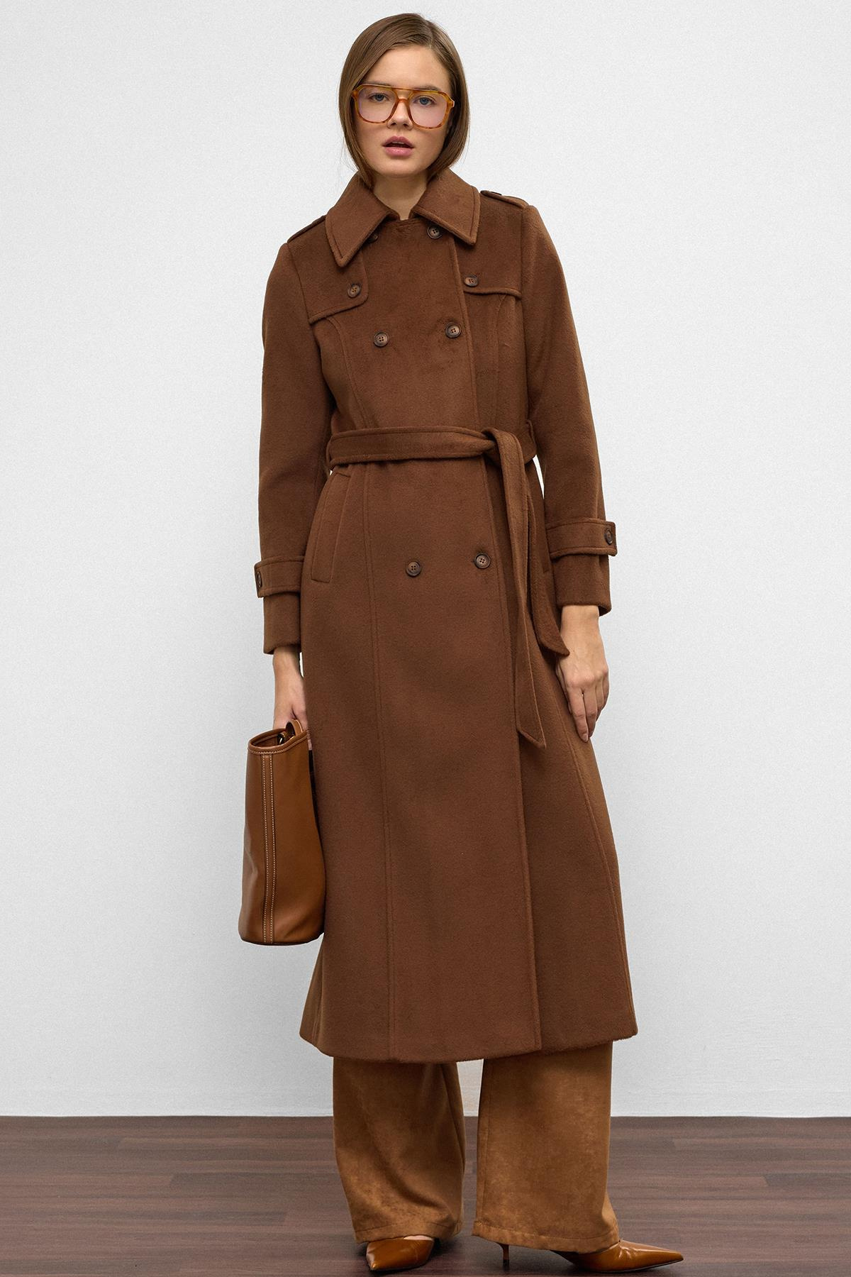 Double-Breasted Long Coat with Cape Detail TOBACCO 3087