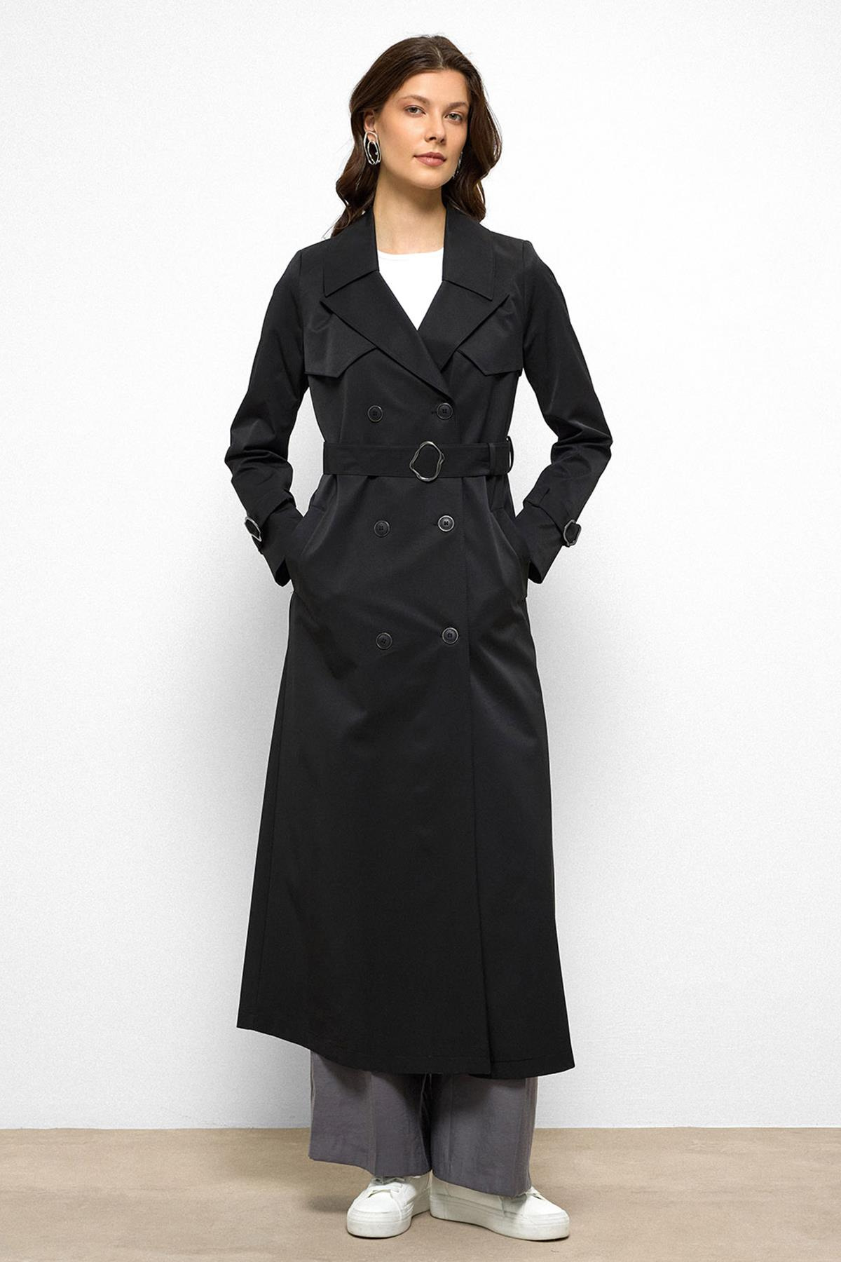 Water-Repellent Double-Breasted Long Trench Coat with Cape Detail BLACK 6761