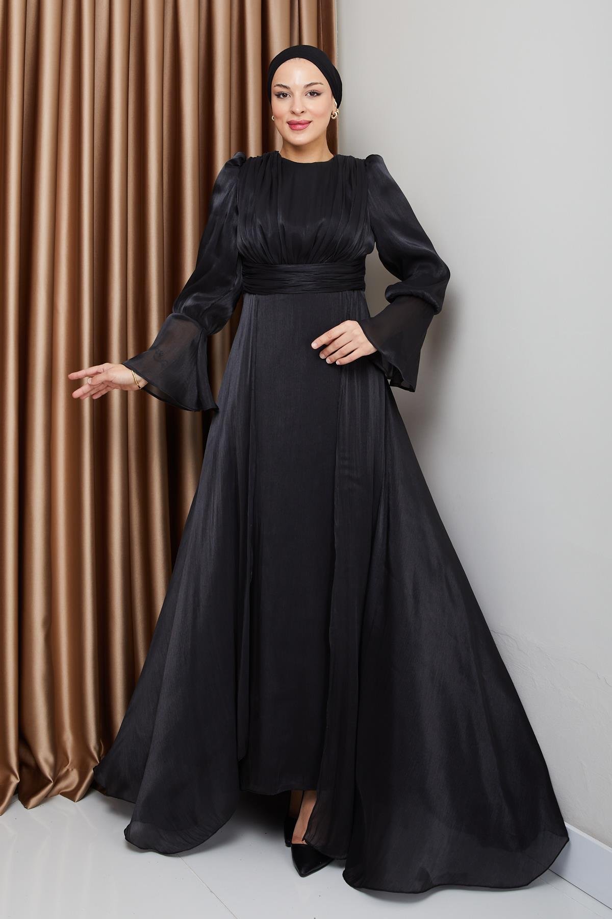 Yoryo Silk Hijab Evening Dress with Cape Skirt BLACK 1235