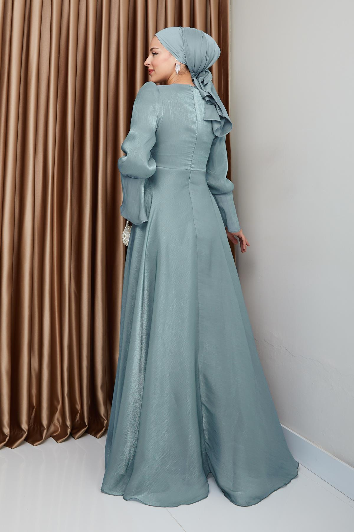 Pelerin Etekli Yoryo İpek Tesettür Abiye Elbise SU YEŞİLİ 1235