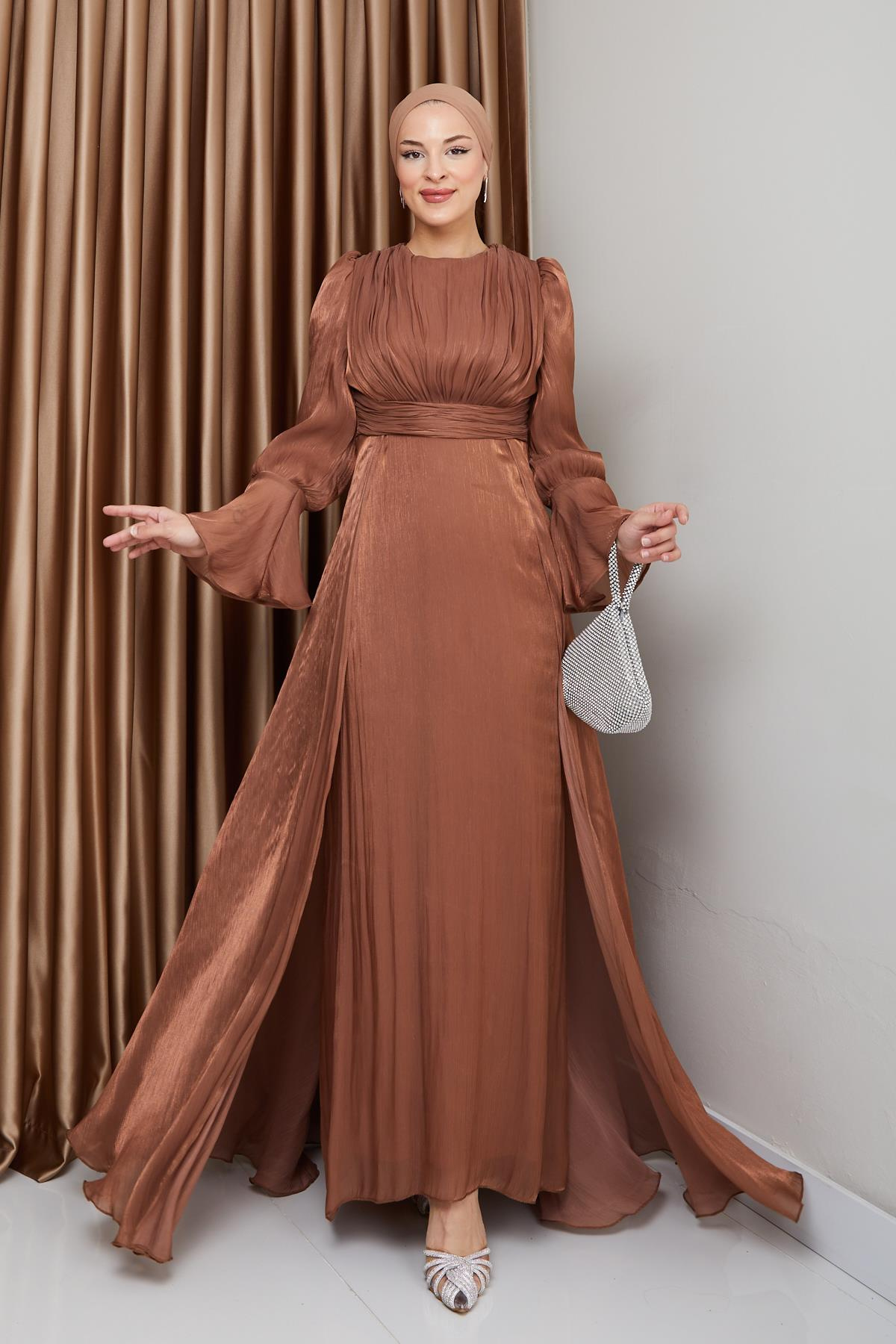 Yoryo Silk Hijab Evening Dress with Cape Skirt CAMEL 1235