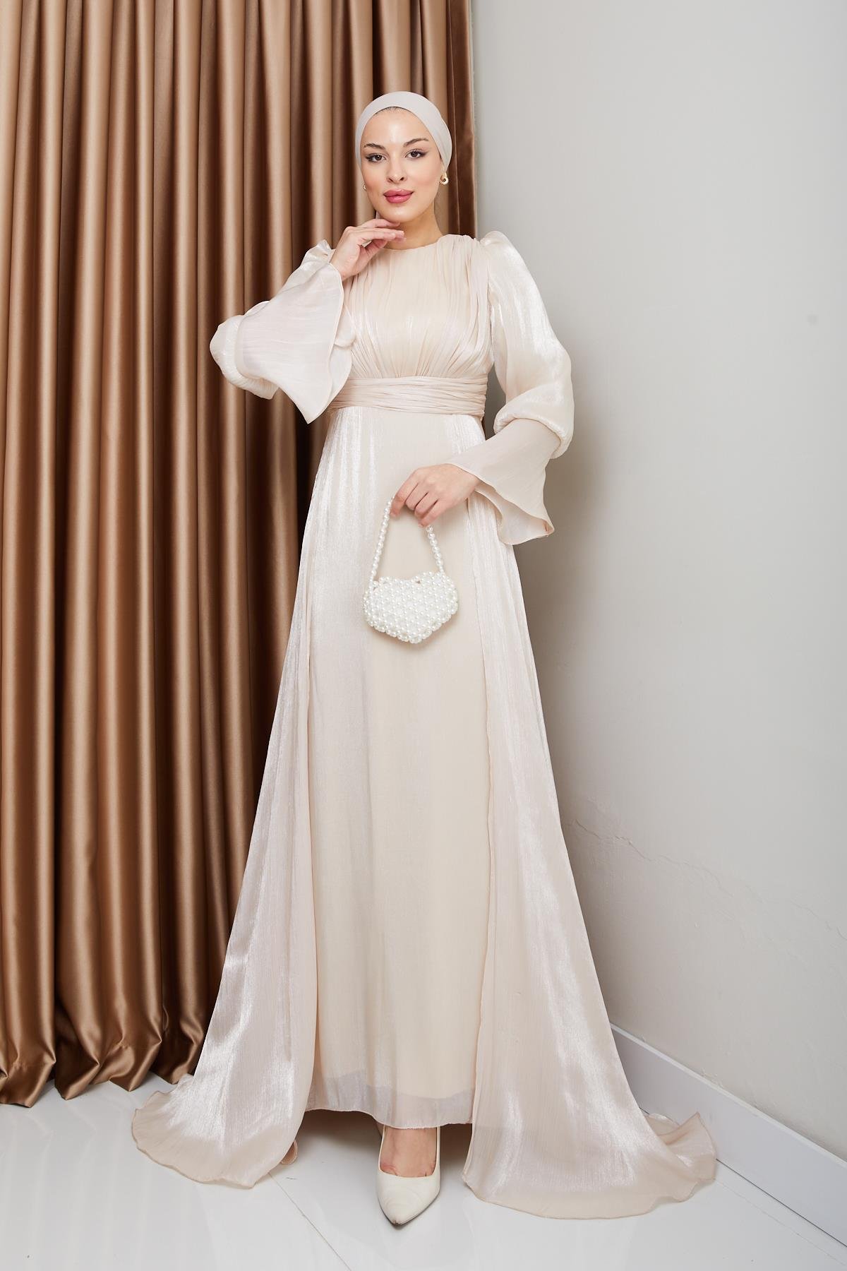 Yoryo Silk Hijab Evening Dress with Cape Skirt CREAM 1235