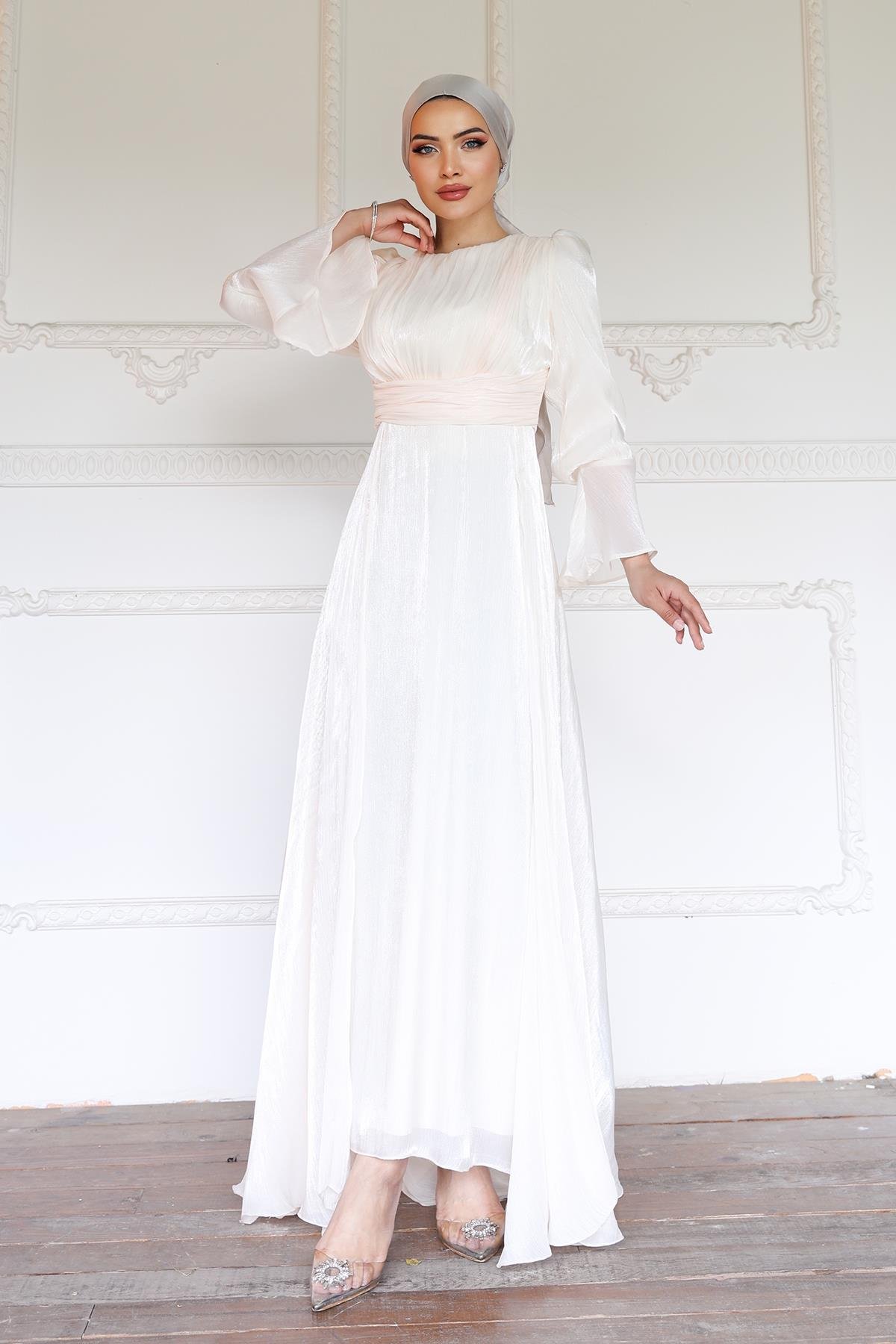 Yoryo Silk Hijab Evening Dress with Cape Skirt IVORY 1235