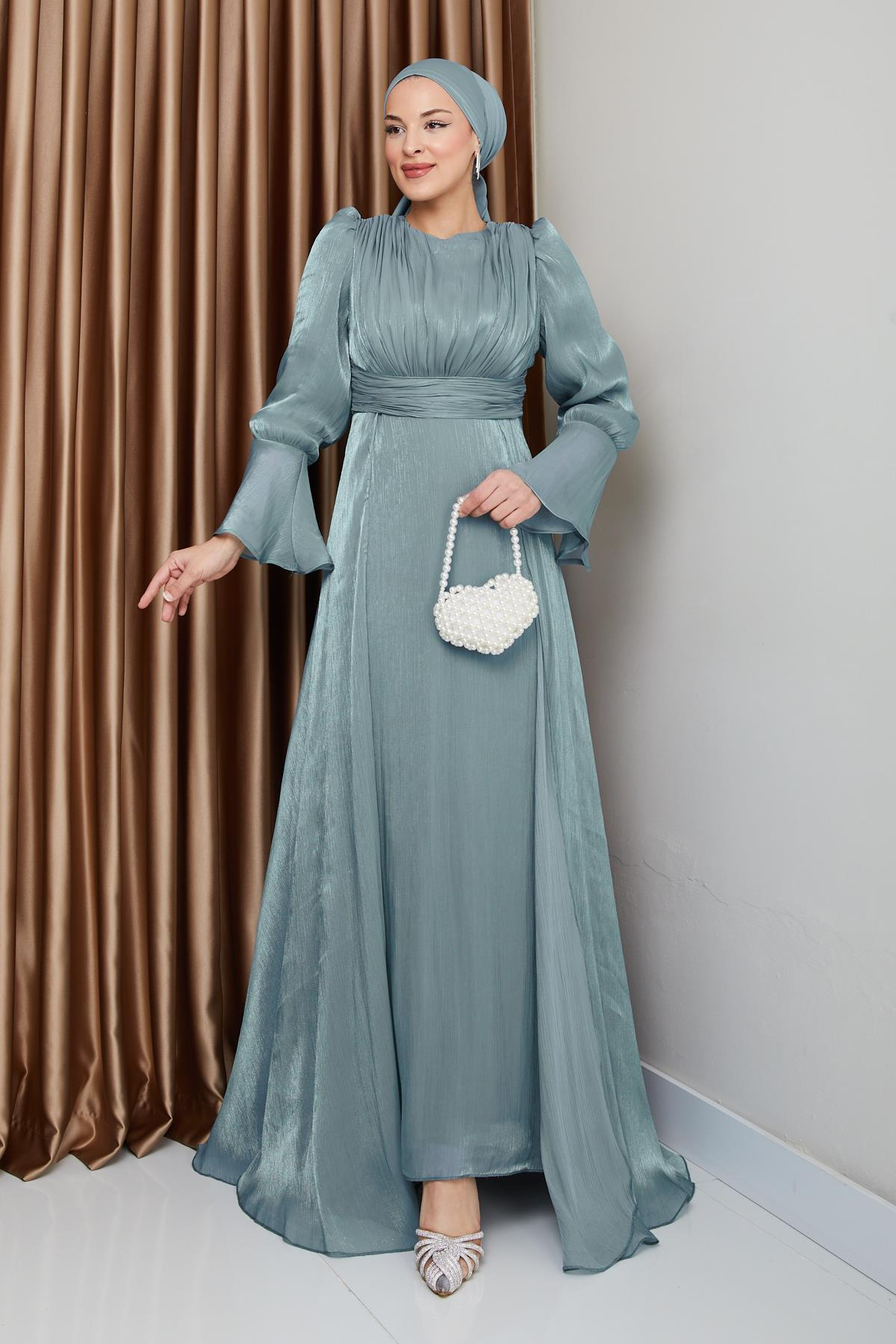 Pelerin Etekli Yoryo İpek Tesettür Abiye Elbise SU YEŞİLİ 1235