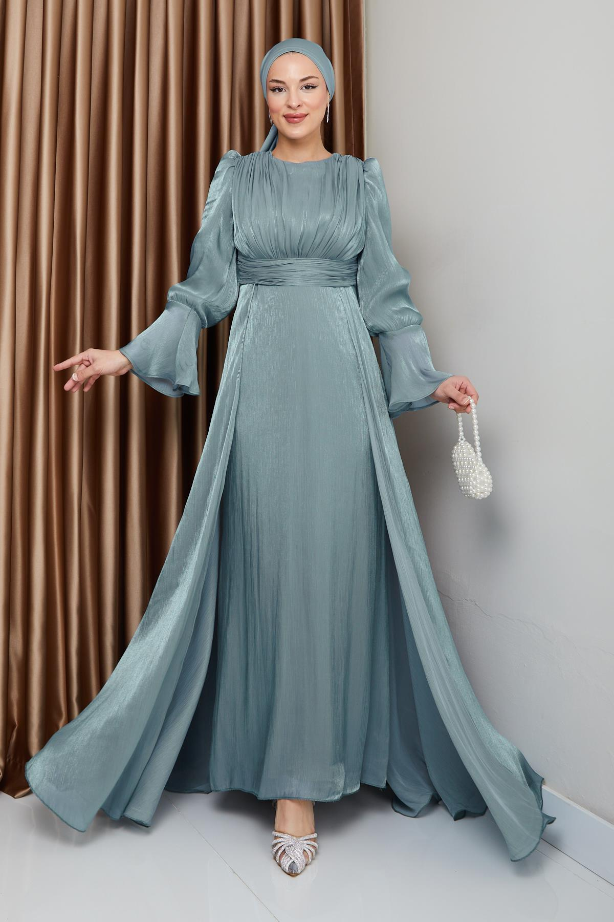 Pelerin Etekli Yoryo İpek Tesettür Abiye Elbise SU YEŞİLİ 1235
