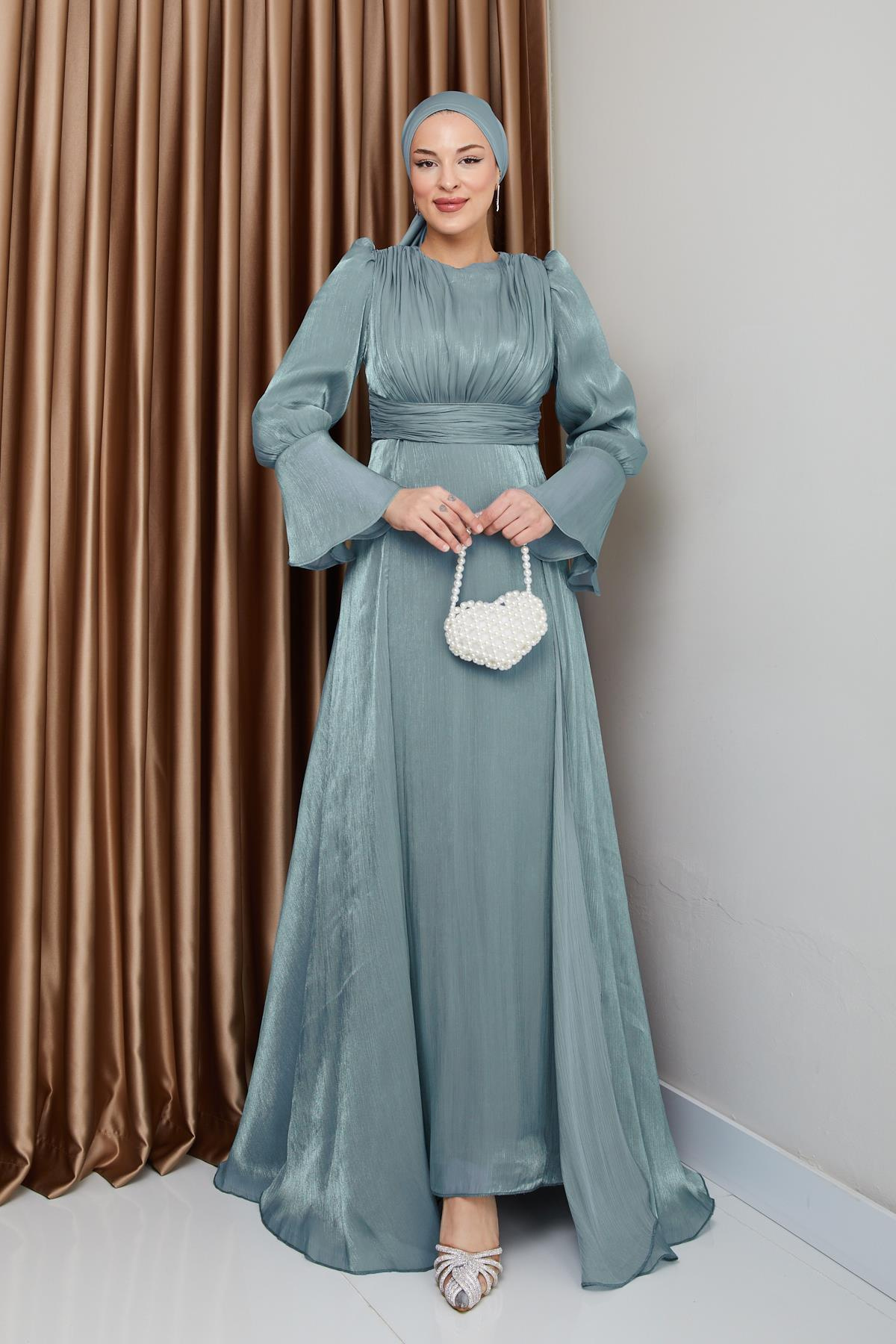 Pelerin Etekli Yoryo İpek Tesettür Abiye Elbise SU YEŞİLİ 1235
