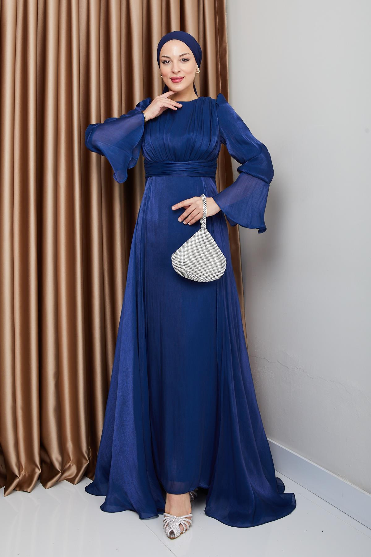 Yoryo Silk Hijab Evening Dress with Cape Skirt K. INDIGO 1235