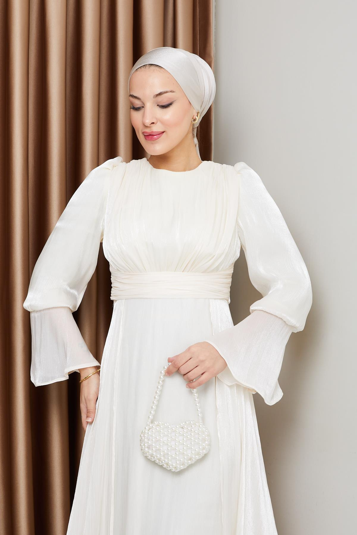 Pelerin Etekli Yoryo İpek Tesettür Abiye Elbise EKRU 1235